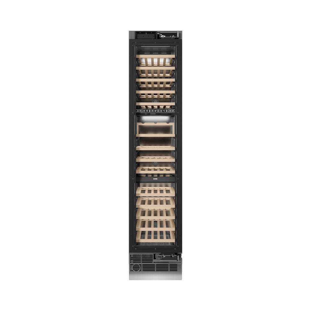 ZLINE Autograph Edition 18-Inch 9.0 cu. ft. Triple Zone 68-Bottle Panel Ready Right Hinge Column Wine Cooler with Champagne Bronze Accents - Perfect for Wine Cellars, Home Bars, and Entertaining Spaces (RBCWVRZ 18 CB)