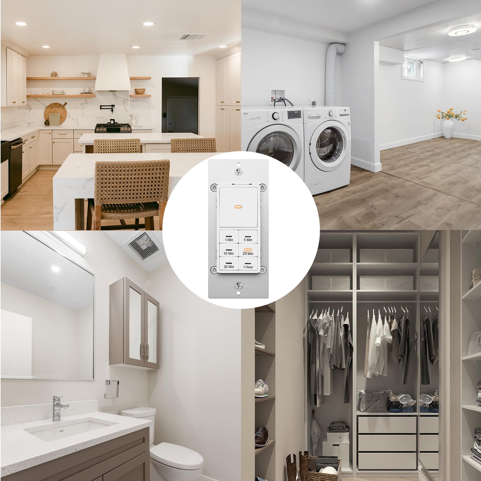 Minoston 1 Hour Countdown Timer Switch with 1-5-10-20-30-60 Minute Settings - ETL & FCC Certified 120VAC 60Hz White Wall Timer (MT11N) - Perfect for Bathroom Fans, Heaters, Lights & Home Automation - Neutral Wire Required