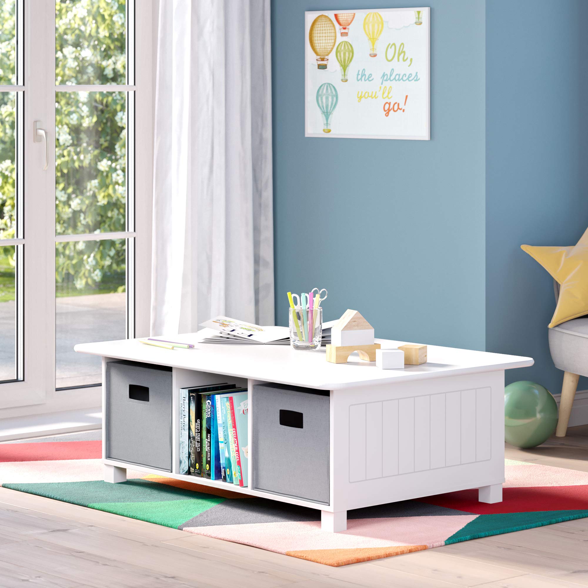 RiverRidge Kids 6 Cubby Storage Unit with 2-Piece Activity Table Set - White with Gray Bins | Perfect for Playroom Organization, Preschool Classroom & Daycare Centers
