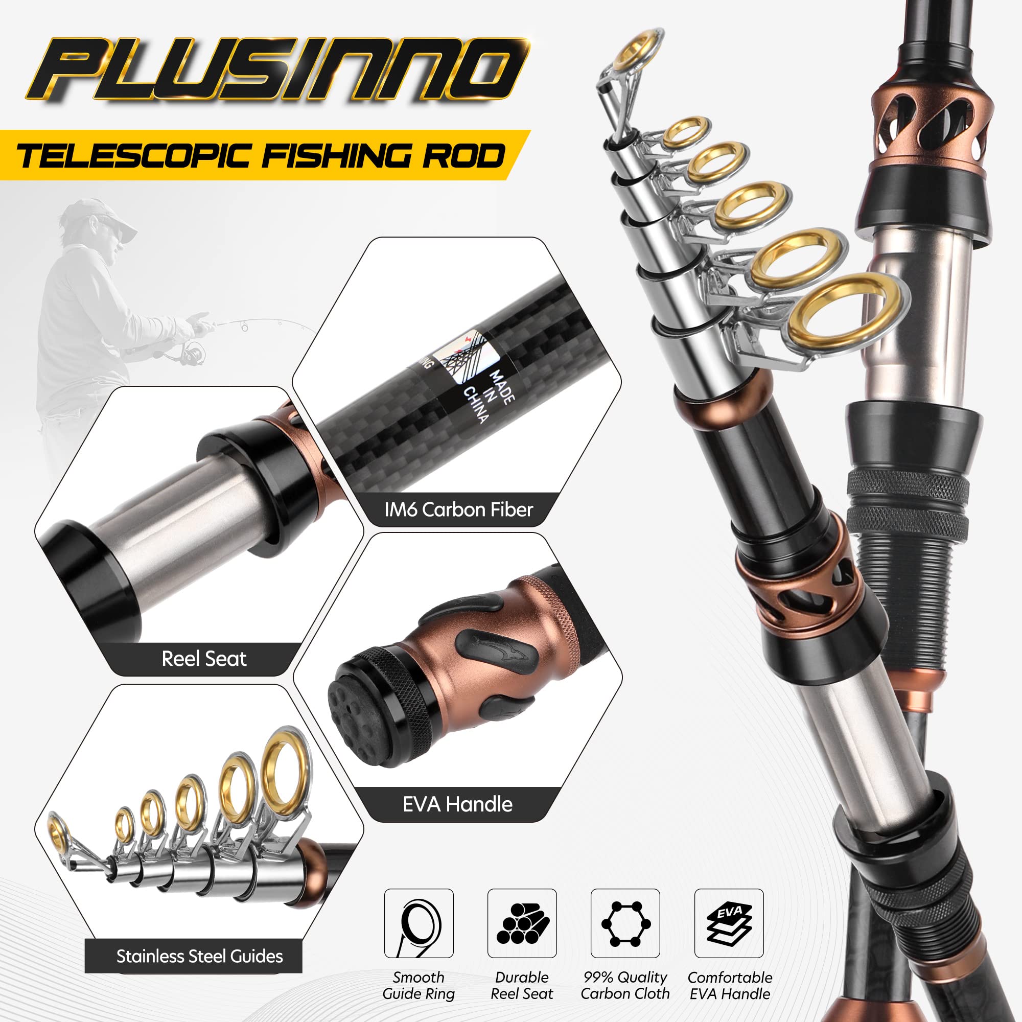PLUSINNO Carbon Fiber Telescopic Fishing Rod and Reel Combo with Spinning Reel - 12+1 Shielded Bearings Stainless Steel BB - Lightweight Portable Fishing Gear for Freshwater, Saltwater, Lake and River Fishing