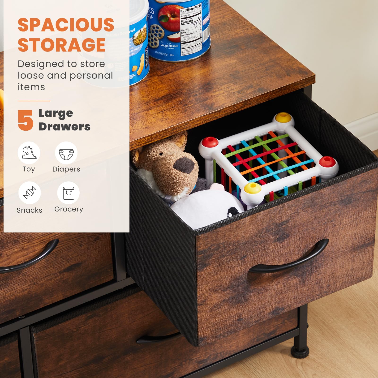 Sweet Crispy 5-Drawer Fabric Dresser Organizer - Wide Chest of Drawers for Bedroom Storage, TV Stand & Closet Organizer | Perfect for Living Room, Hallway & Home Organization