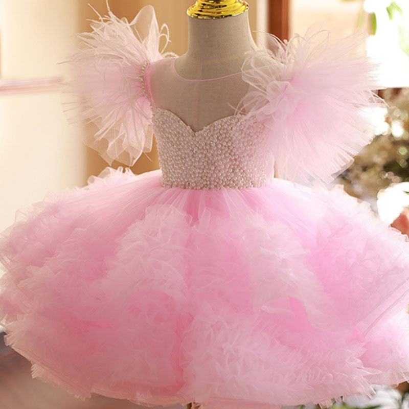 Elegant Baby Girl Birthday Party Dress - Pearl Embellished Chiffon Princess Gown with Back Zipper | Perfect for 1st Birthday, Photoshoots & Special Occasions