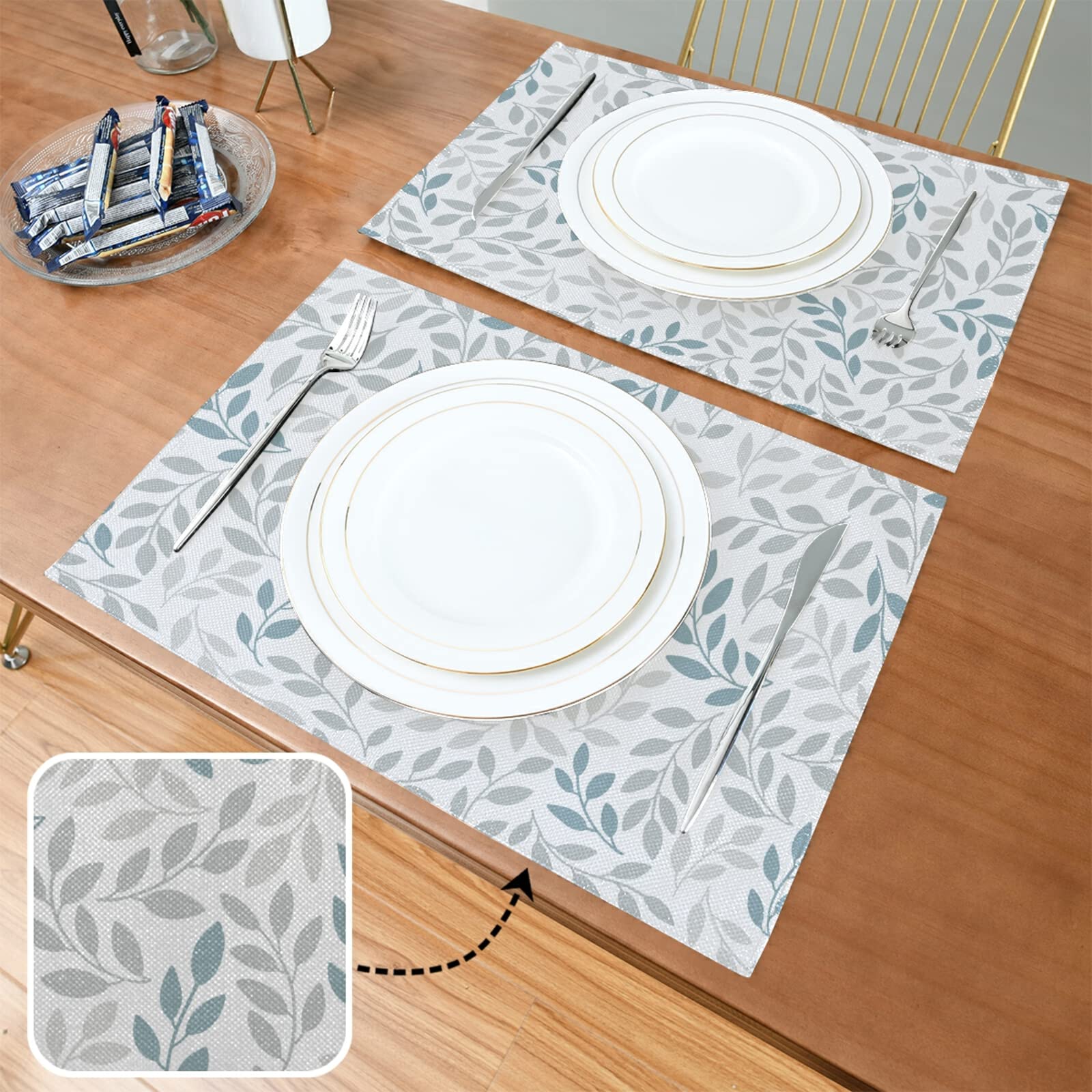 WIHVE 6-Pack Polyester Placemats for Dining Table - Grey & Blue Leaf Design - Waterproof Kitchen Table Mats for Everyday Use, Parties & Holiday Decor