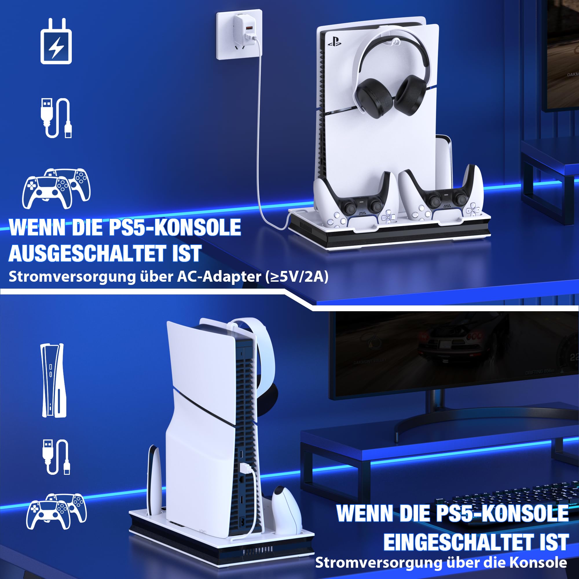 ALEEMTRY PS5 Stand for PS5 Slim - 3-Speed Cooling Fan, Dual Controller Charger, Headset Hook & 4 USB-C Ports - Gaming Accessory for PS5 Slim Disc & Digital Edition - Perfect for Gaming Setups & Entertainment Centers