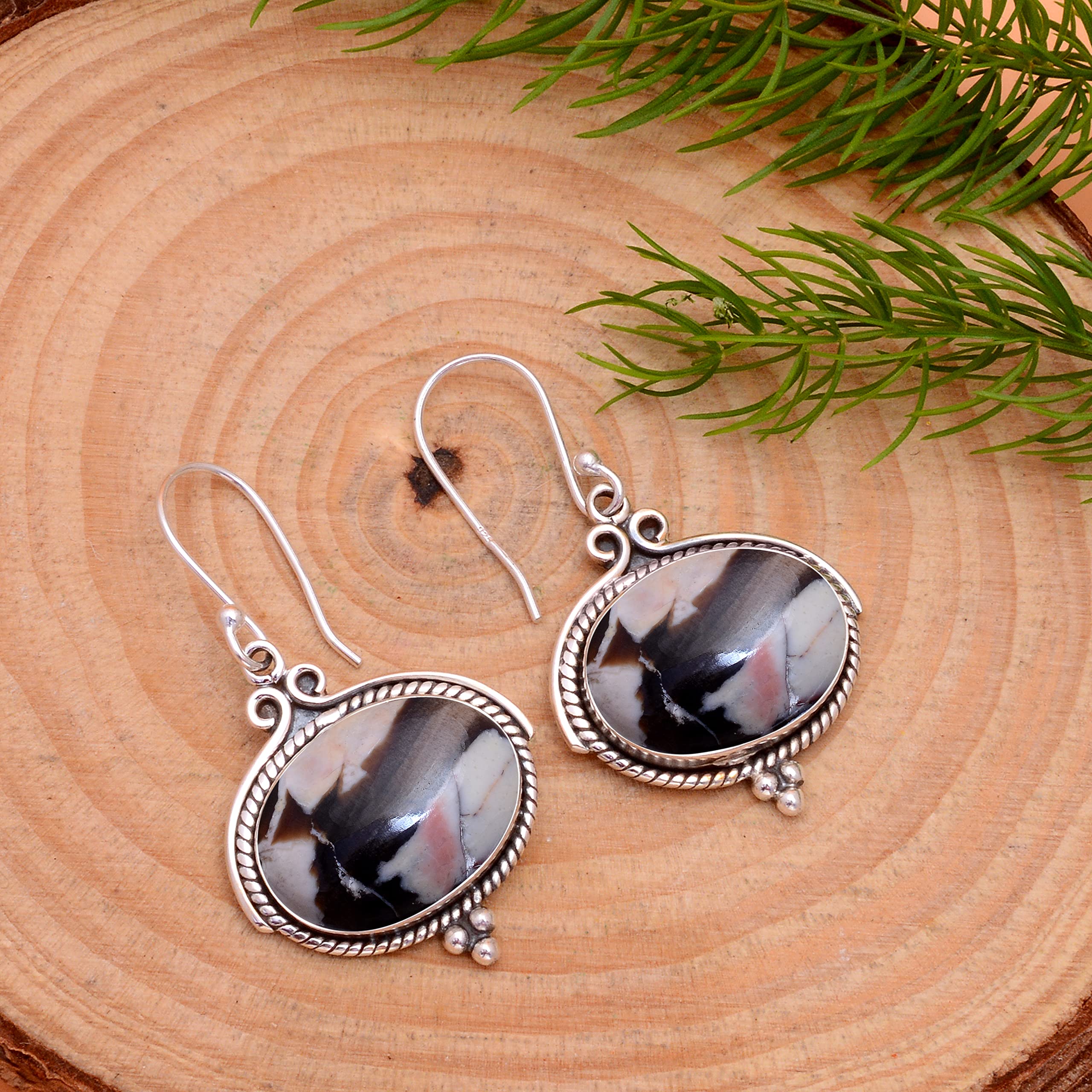 Veracity Jewelry Peanut Wood Jasper Earrings for Women - 925 Sterling Silver Handmade Dangle Earrings with Coffee Color Gemstone - Boho Chic Indian Artisan Jewelry - Perfect for Weddings, Parties & Everyday Wear - VSE-49