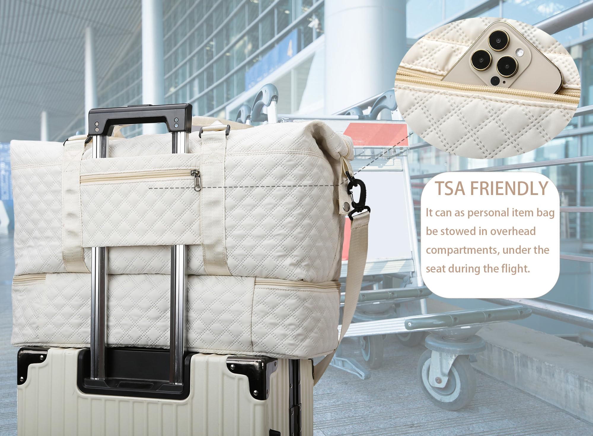 Best Travel Duffle Bag for Women - Waterproof Weekender Overnight Bag with Shoe Compartment & Wet Pocket, Gym Duffel, Hospital Bag for Labor - Perfect for Travel, Gym, Maternity & Weekend Getaways (Beige)