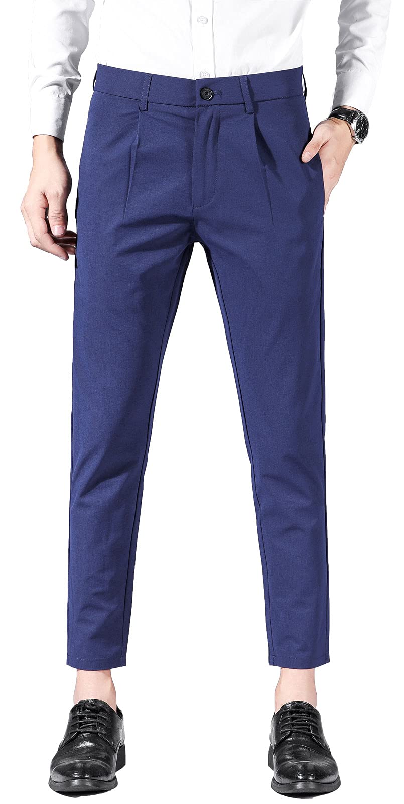 Men's Slim Fit Cropped Dress Pants - Plaid & Plain Office Uniform Trousers | Perfect for Business Casual, Workwear & Formal Occasions