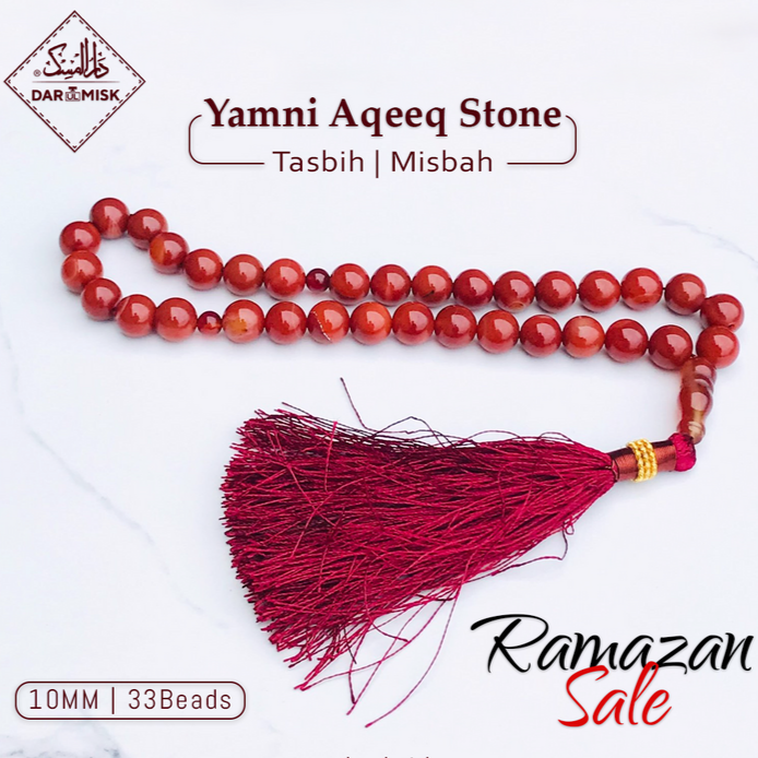 Yamni Aqeeq Stone Tasbih - 33 Large Size Prayer Beads for Meditation & Islamic Dhikr | Stress Relief & Spiritual Healing