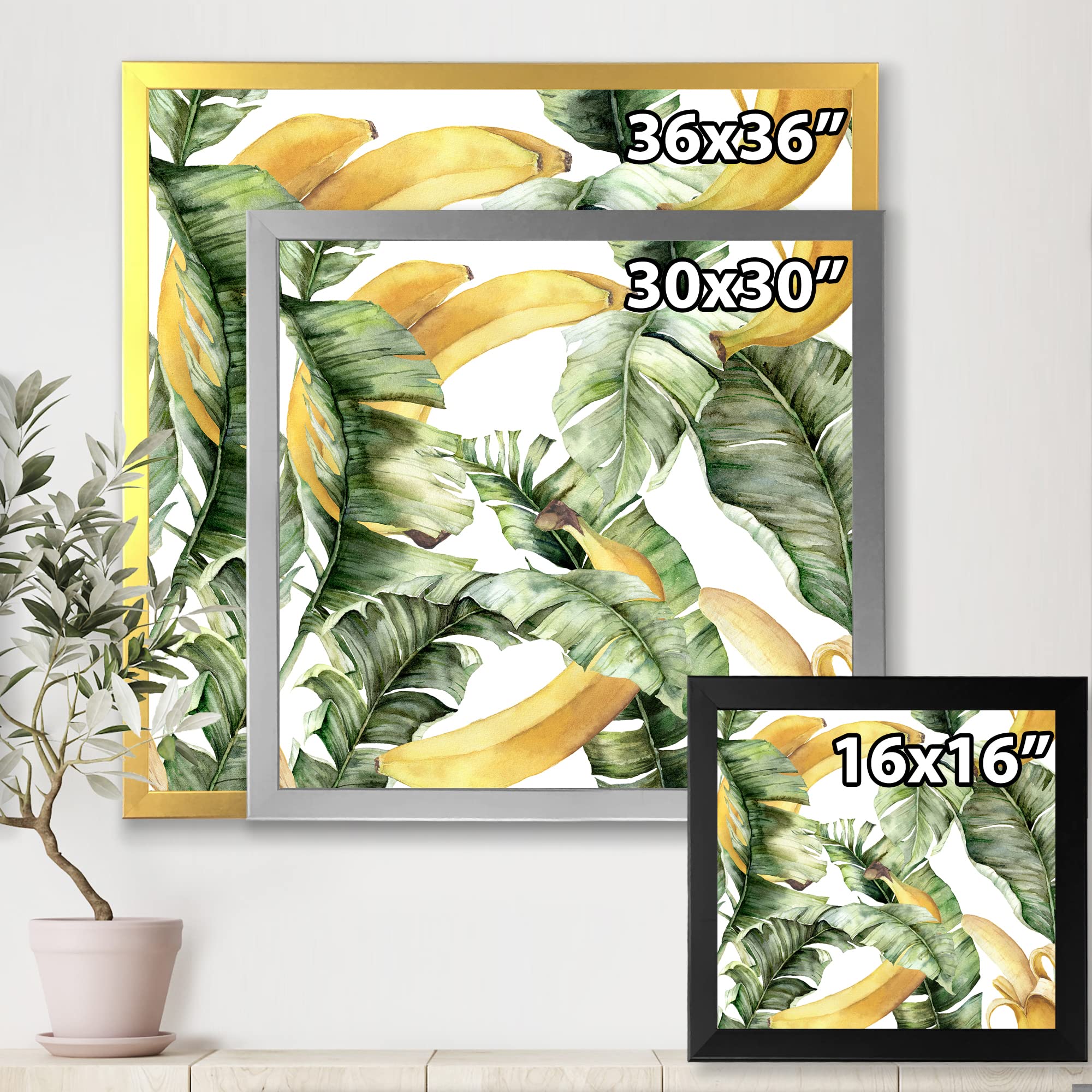 DesignQ Ripe Bananas With Leaves Framed Wall Art - Tropical Coastal Decor for Kitchen, Dining Room & Beach House
