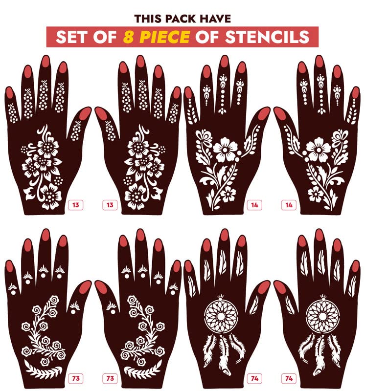 APCUTE Henna Tattoo Stickers for Hands - 8-Piece Full Hand Mehndi Design Stencils Kit for Women, Girls & Kids | Easy DIY Temporary Body Art | Perfect for Weddings, Festivals & Parties