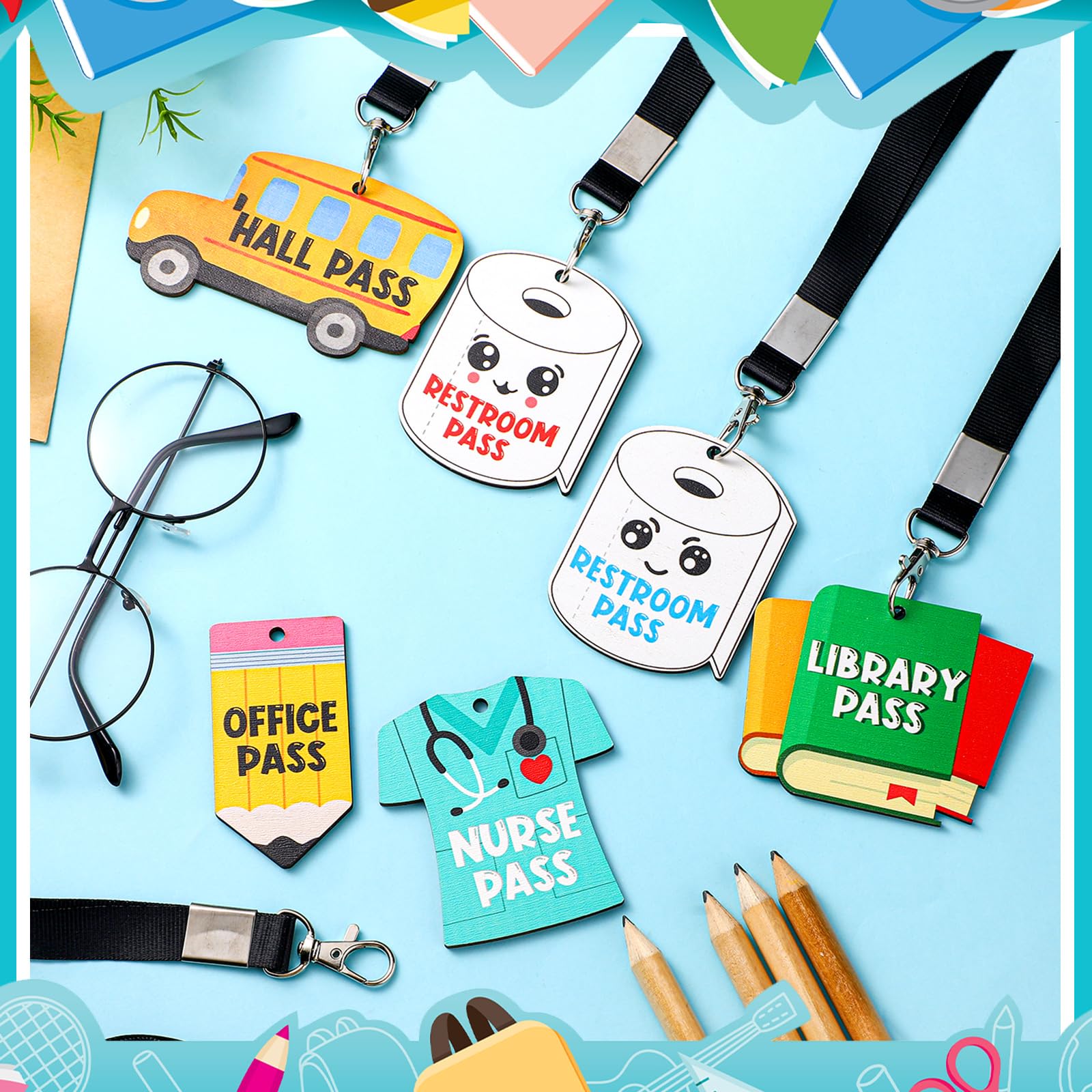 Sabary 6 Sets Unbreakable Wooden Hall Pass Lanyards with School Passes - Durable Classroom Bathroom Passes for Hall, Restroom, Library, Office & Nurse - Perfect Teacher Supplies Gift (Cute Style) - Ideal for Elementary Schools, Middle Schools and Teacher Appreciation Gifts