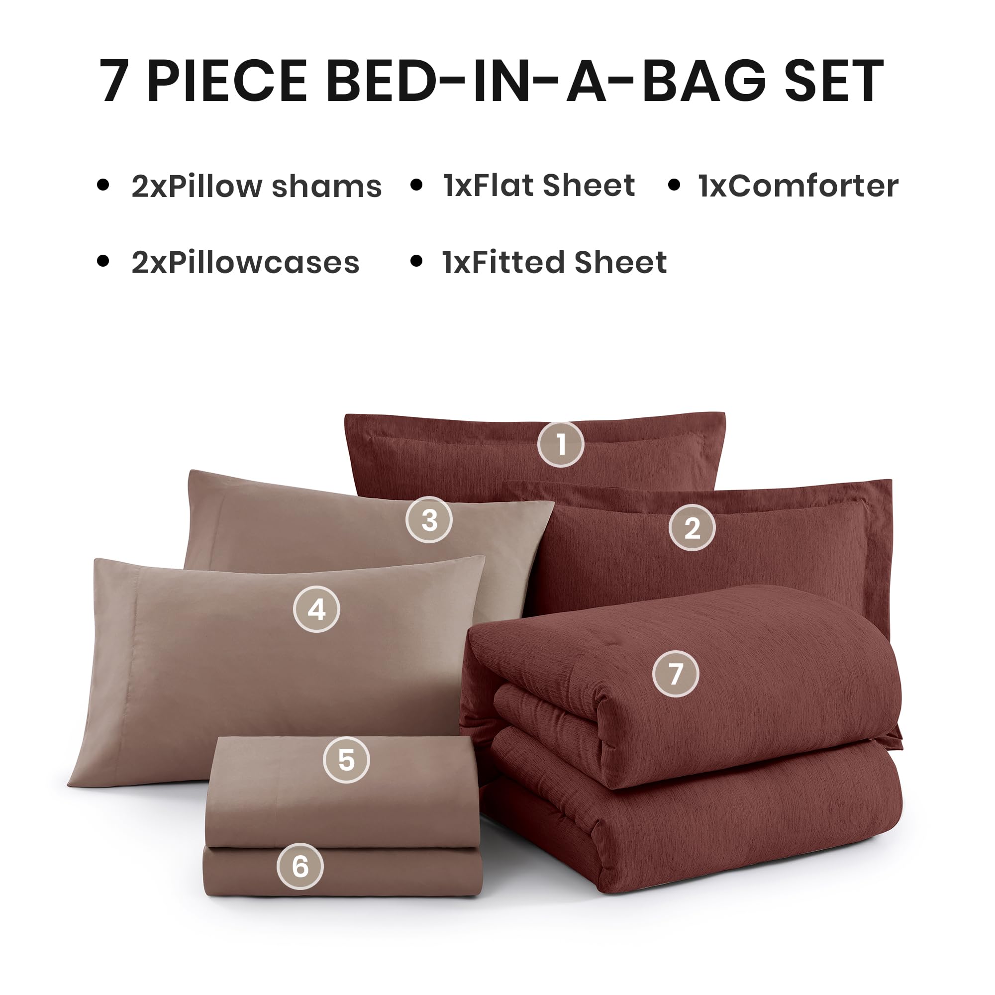 Monbix Queen Comforter Set - 7 Piece Dark Red Reversible Bedding Set with Comforter, Sheets, Pillowcases & Shams | Cationic Dyeing Luxury Bed in a Bag | Perfect for Master Bedroom, Guest Room & Dorm Decor