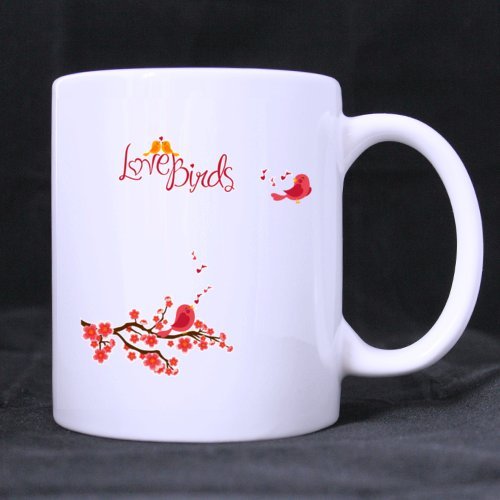 Ceramic White Mug with Lovely Pink Love Birds Design - 11 Ounce Coffee Mug - Perfect Gift for Valentine's Day, Anniversaries, or Daily Coffee Breaks