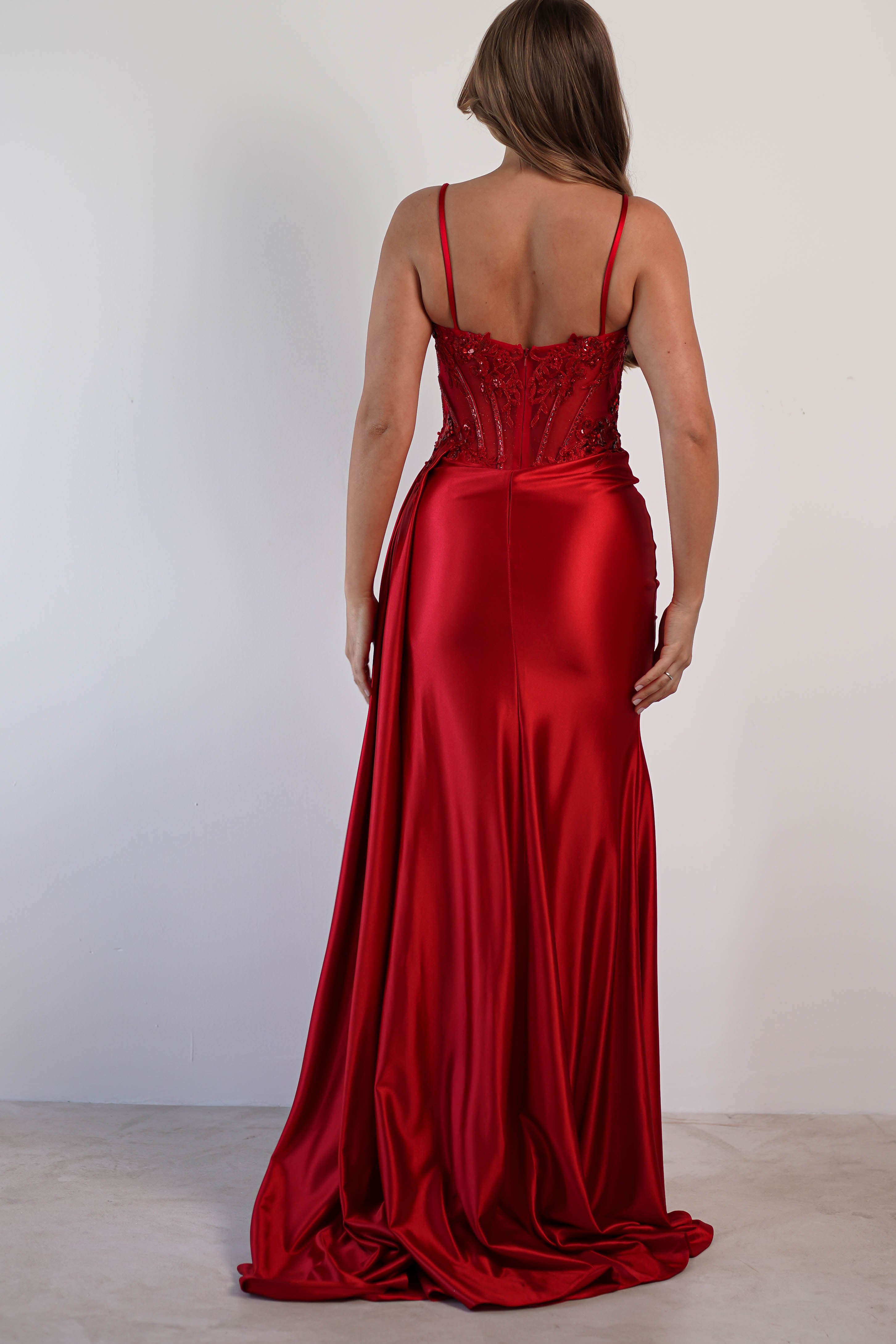 Elegant Red Diva Embellished Corset Gown for Women - Perfect for Evening Parties, Prom, and Special Occasions