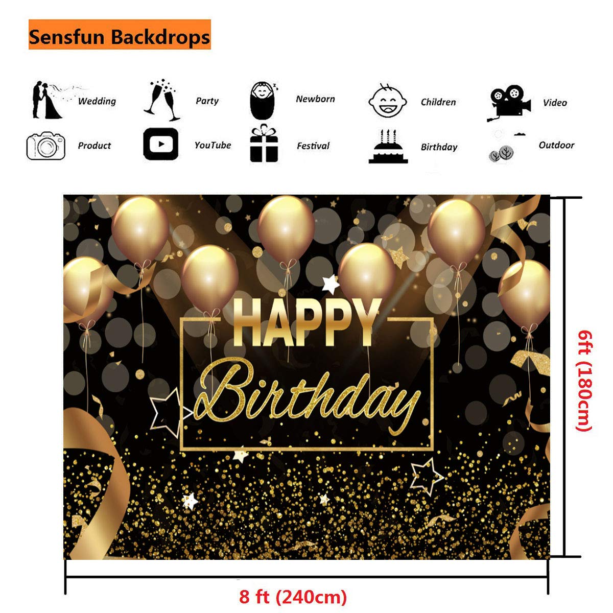 Happy Birthday Party Backdrop Banner - 8x6ft Black & Gold Glitter Balloon Photography Background for Adult Birthday Decorations, Cake Table & Photo Booth | Perfect for Bday Parties, Celebrations & Social Media Photos