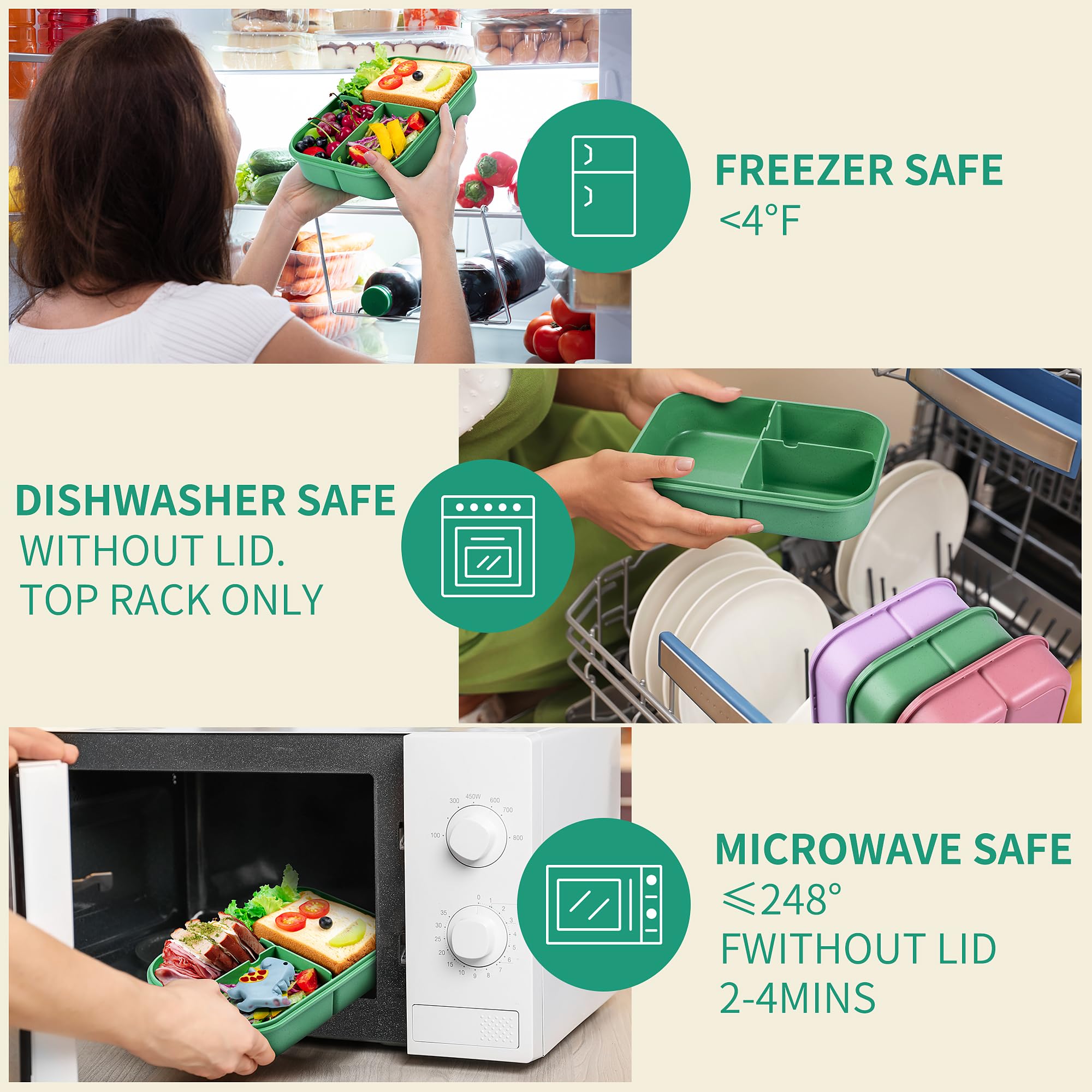 Itopor® Leak-Proof Bento Lunch Box for Kids & Adults - 1300ml Wheat Fiber Eco-Friendly Microwave & Dishwasher Safe Food Container with Utensils (Green) - Perfect for School, Office, Picnics & Meal Prep
