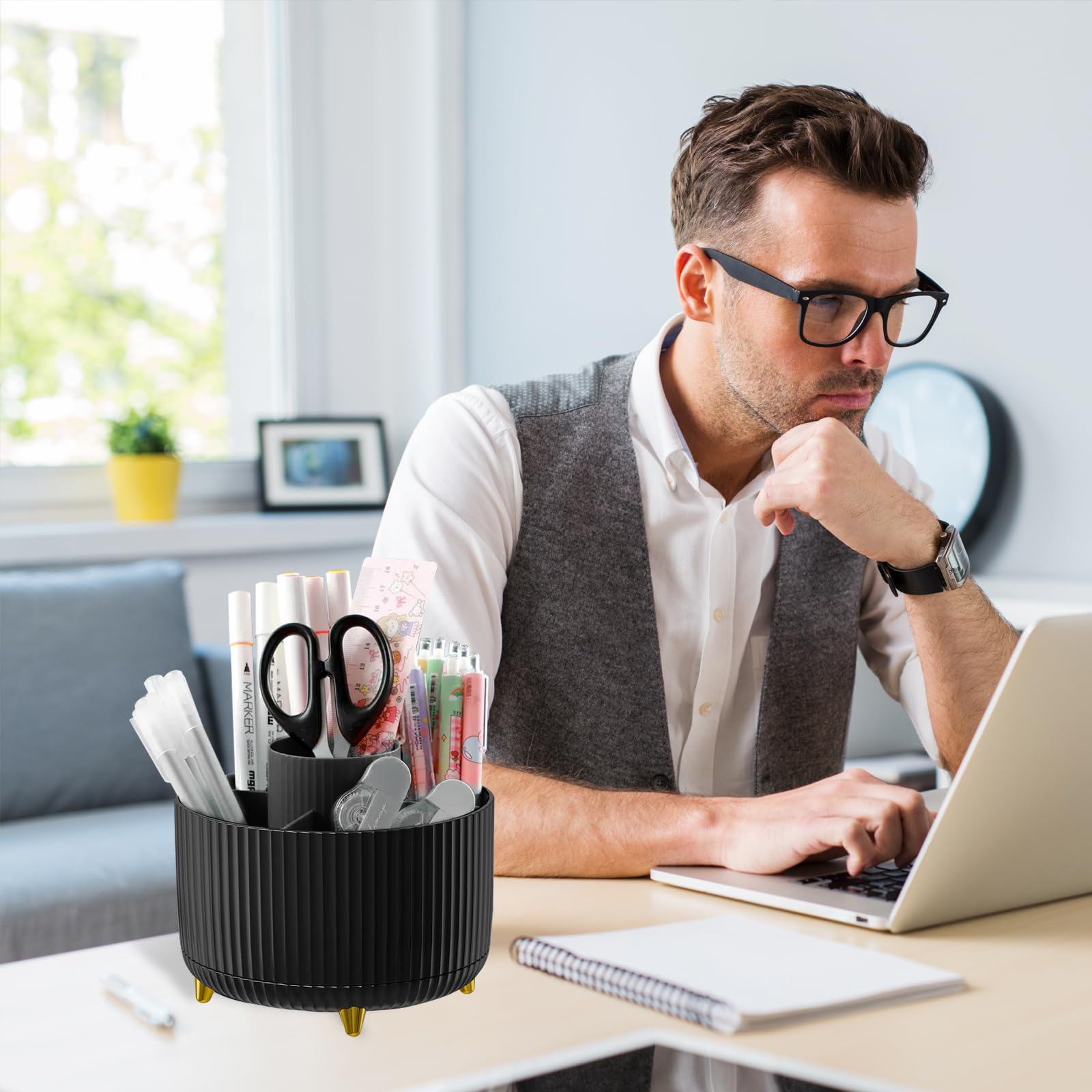 360° Rotating 5-Slot Pencil Holder for Desk - Black | Office, School & Home Desk Organizer for Pens, Markers & Stationery Supplies | Perfect for Workspace, Study & Craft Room Organization