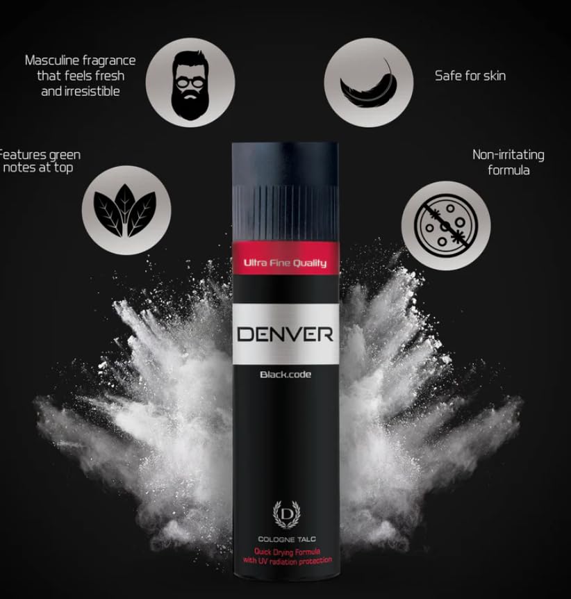 DENVER Black Code Cologne Talc - 300GM | Premium Scented Talcum Powder for Men | Fresh Fragrance & Smooth Finish | Ideal for Daily Use, Gym & Post-Shave