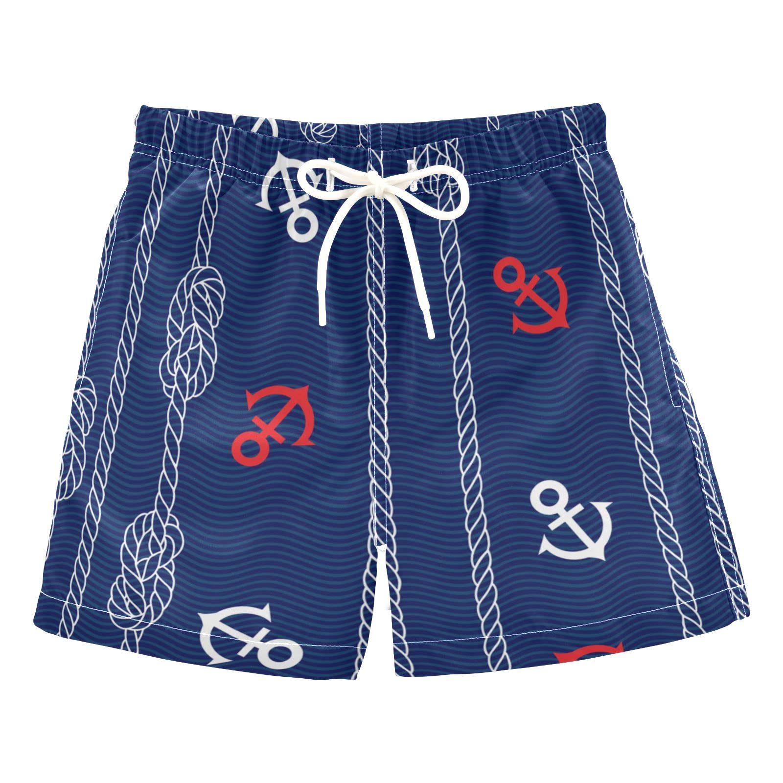 **Boys' Adjustable Drawstring Swim Trunks with Marine Rope & Anchor Design - Quick-Dry Beach Shorts for Toddlers, Pool, and Summer Water Play**