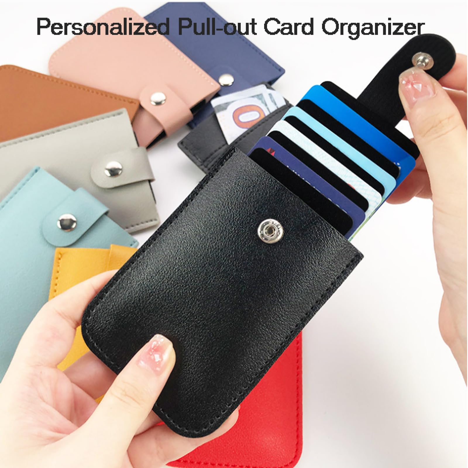 Premium Leather Pull-Out Card Organizer with Snap Closure - Personalized Stackable Card Holder for Credit Cards, IDs & Business Cards (Set of 8) - Perfect for Travel, Office & Everyday Wallet Organization