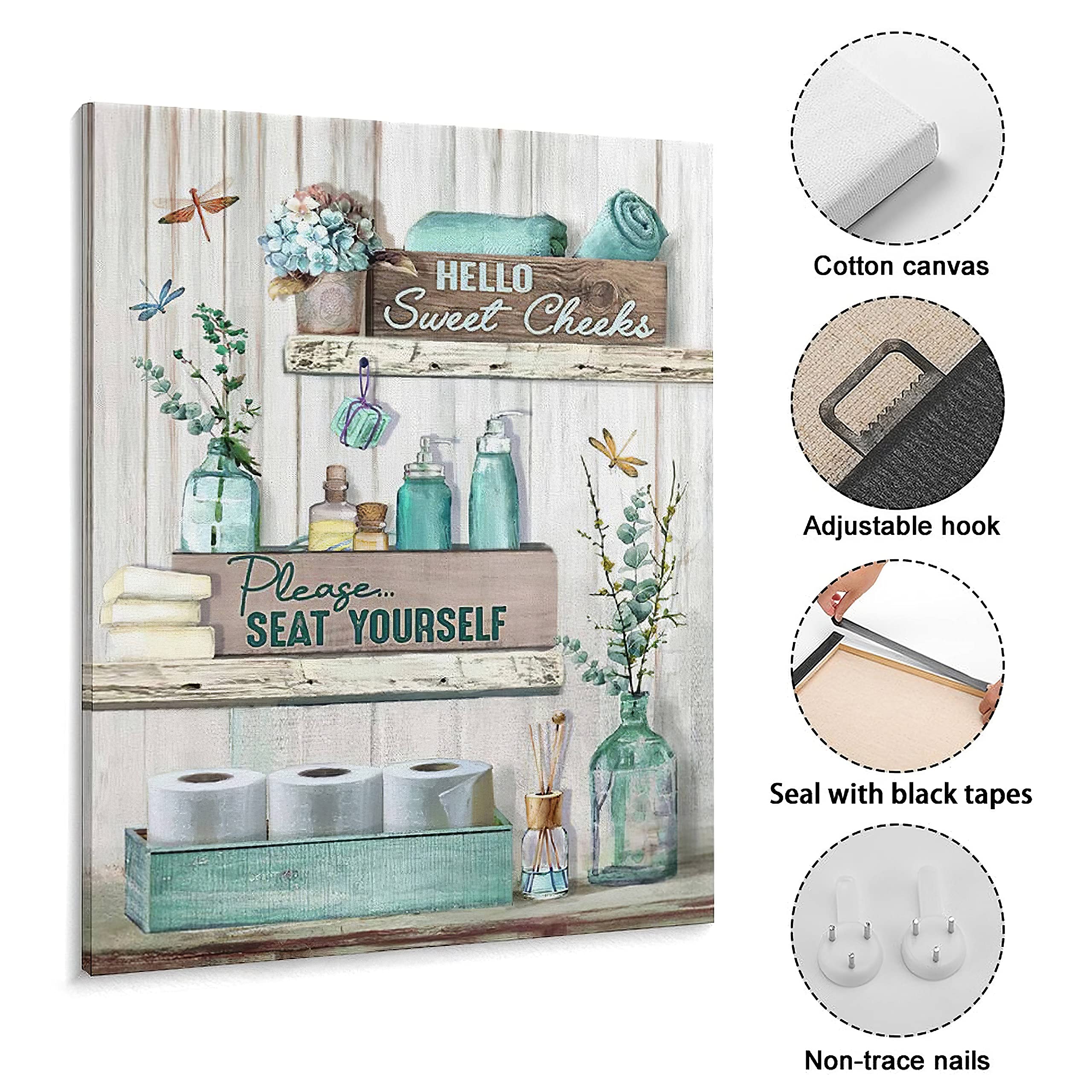 Rustic Bathroom Canvas Wall Art - 'Please Seat Yourself' Print Painting, Turquoise Bathroom Pictures, Modern Home Decor (16x20 Inch, Framed & Ready to Hang) | Perfect for Bathroom, Powder Room or Farmhouse Style Home Decor
