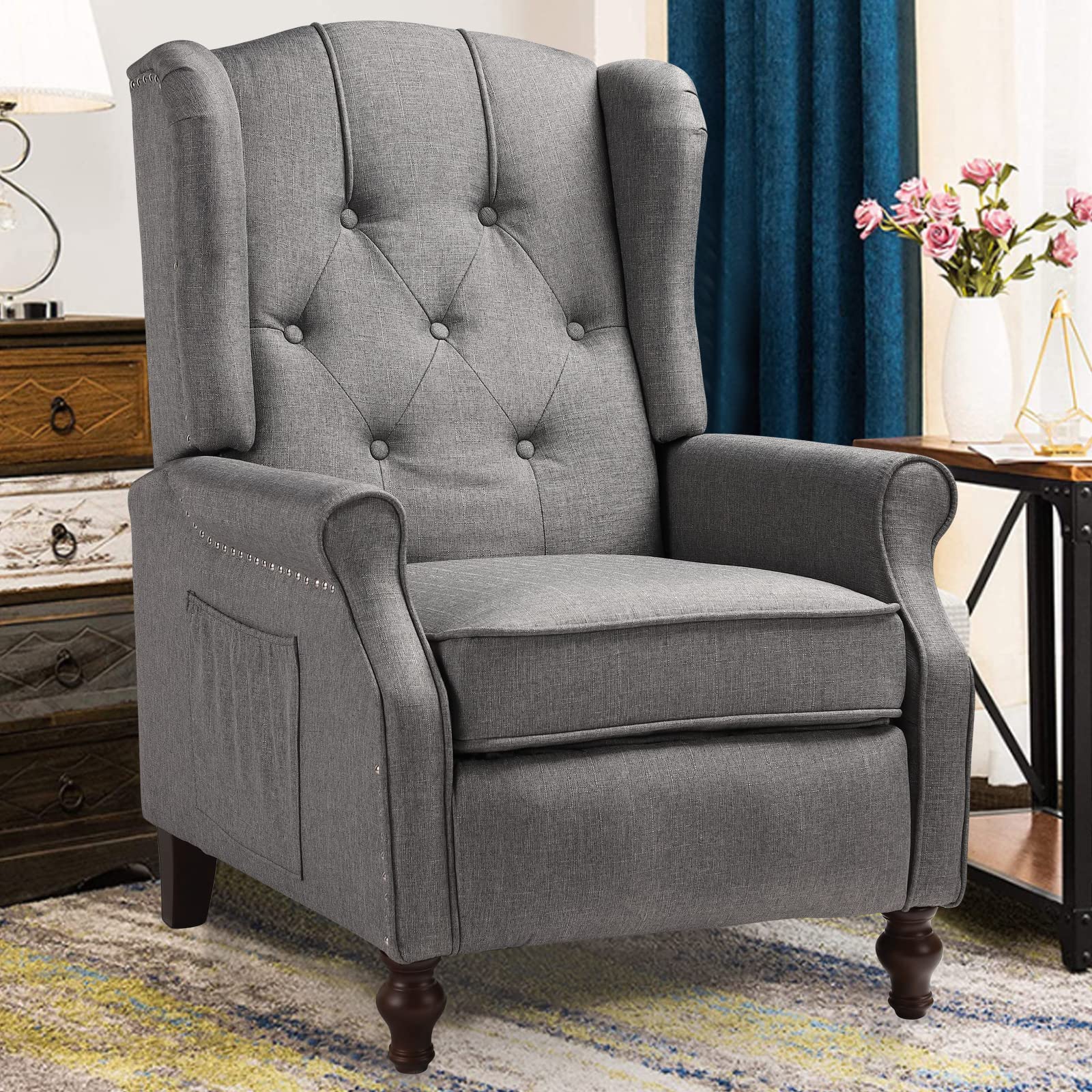OQQOEE Wingback Recliner Chair - Dark Grey Fabric Push Back Accent Chair with Diamond Tufted Design, Adjustable Backrest & Thick Padded Cushions for Living Room, Bedroom - Perfect for Relaxing, Reading & Home Decor