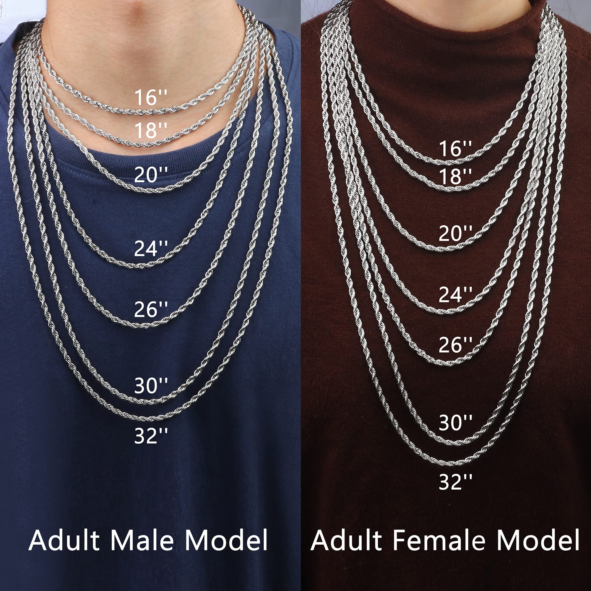LOYALLOOK Stainless Steel Silver Rope Chain Necklace for Men & Women - 2.5-5MM Thickness | Perfect for Everyday Wear, Gifts & Special Occasions