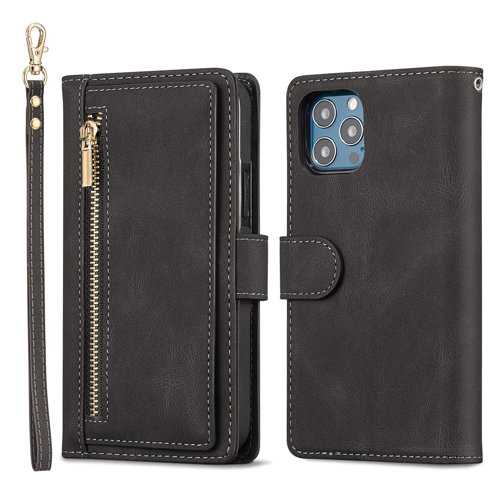 QLTYPRI Leather Wallet Case for iPhone 12 Pro Max (6.7 Inch) - Zipper Purse with Money Pocket, 9 Card Slots & Wrist Strap - Magnetic Flip Cover - Black - Perfect for Travel, Shopping & Everyday Use