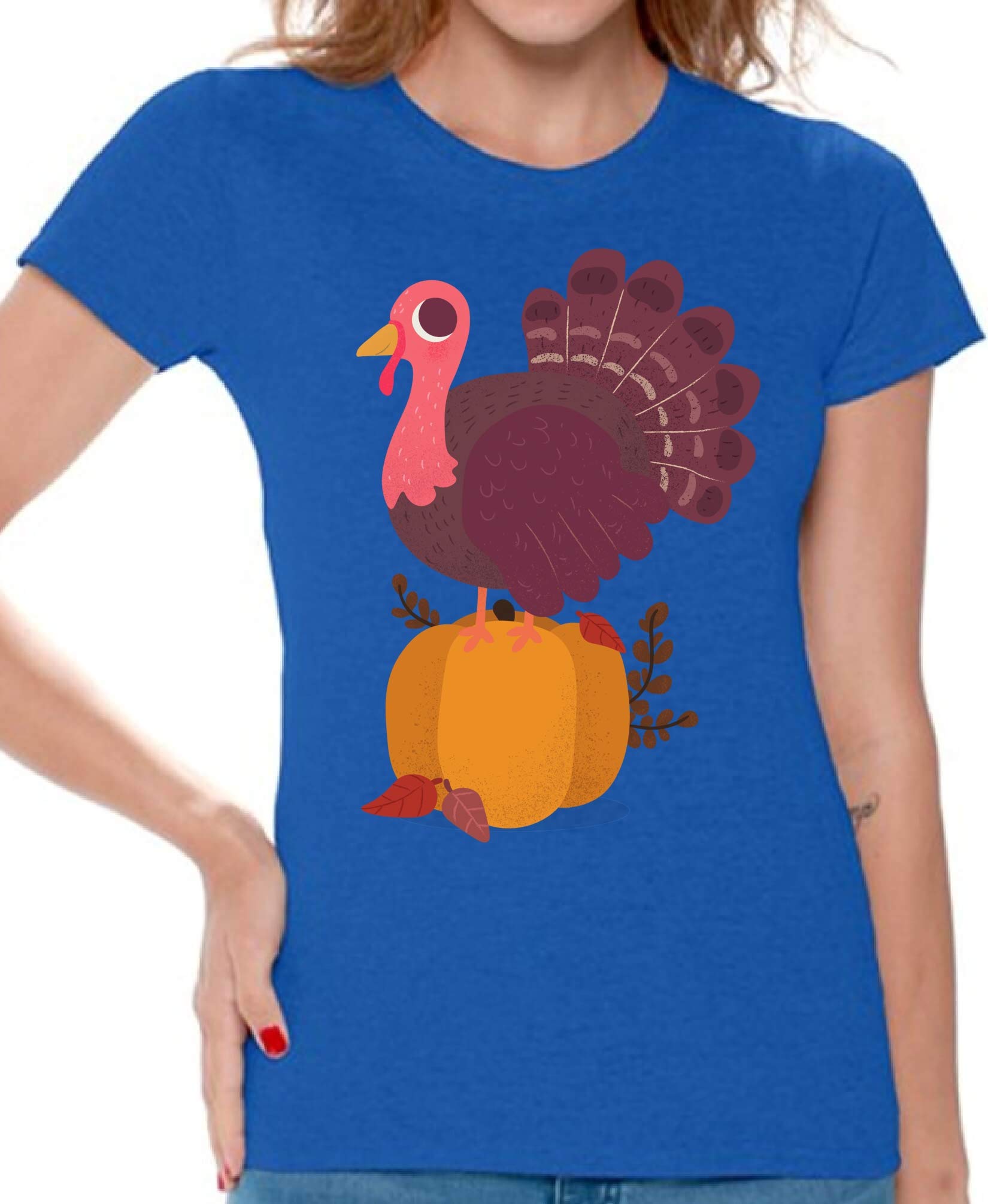Thanksgiving T-Shirt for Women - Happy Turkey Graphic Tee - Cute Holiday Shirt for Family Gatherings & Friendsgiving Parties