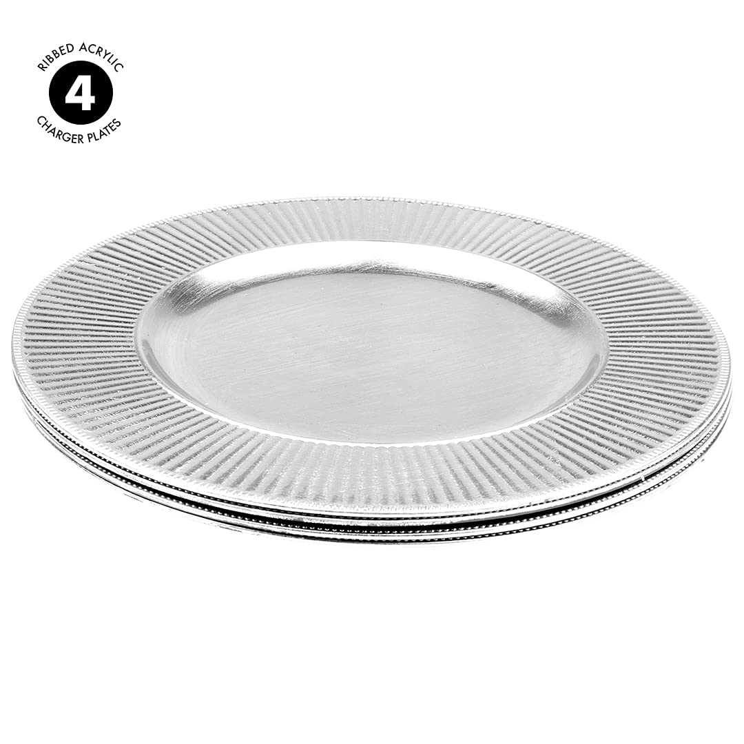 Koyal Wholesale 4-Pack Silver Ribbed Charger Plates - French Style Ornate Dinnerware for Rustic Farmhouse Table Decor - Perfect for Weddings, Parties & Holiday Dining