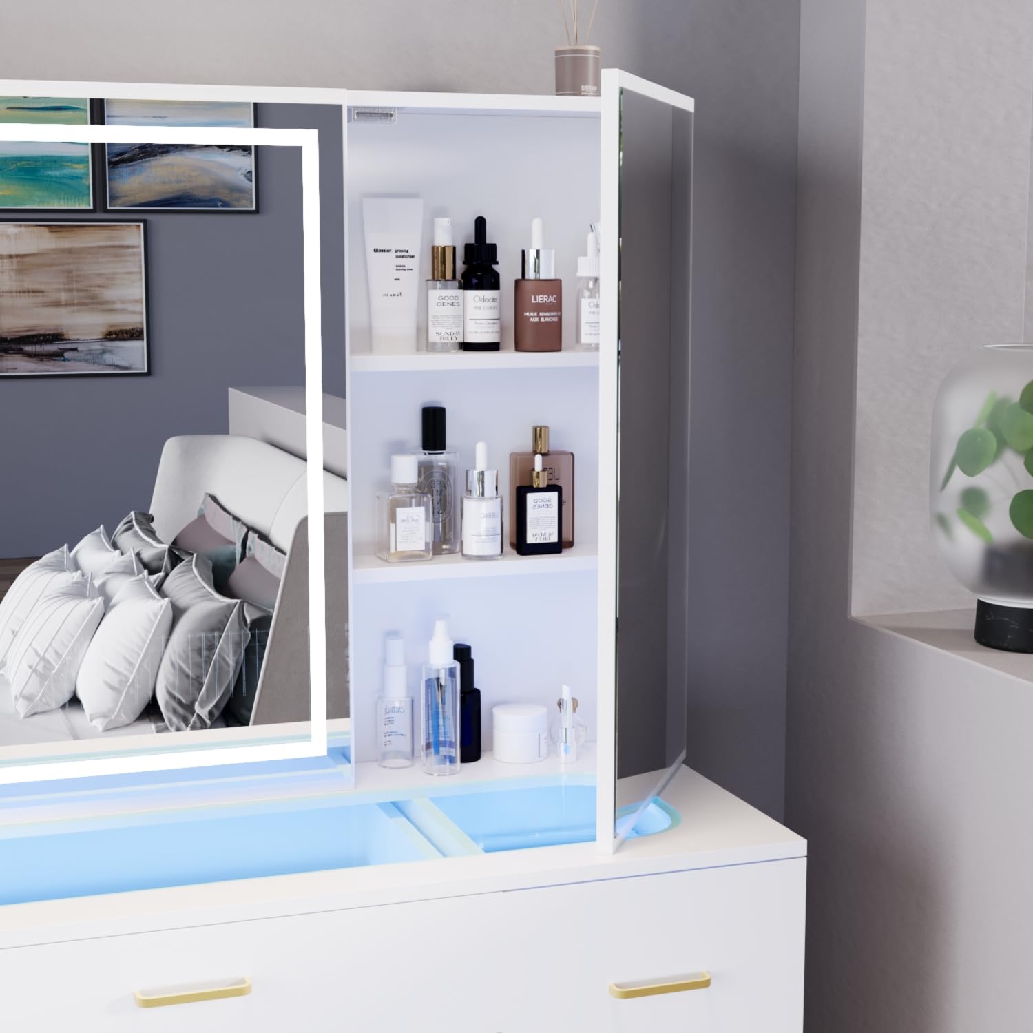 Modern White Glass Top Vanity Desk with 7 Drawers, Adjustable LED Mirror & Stool - Clear Dressing Table for Bedroom Makeup & Skincare Routine