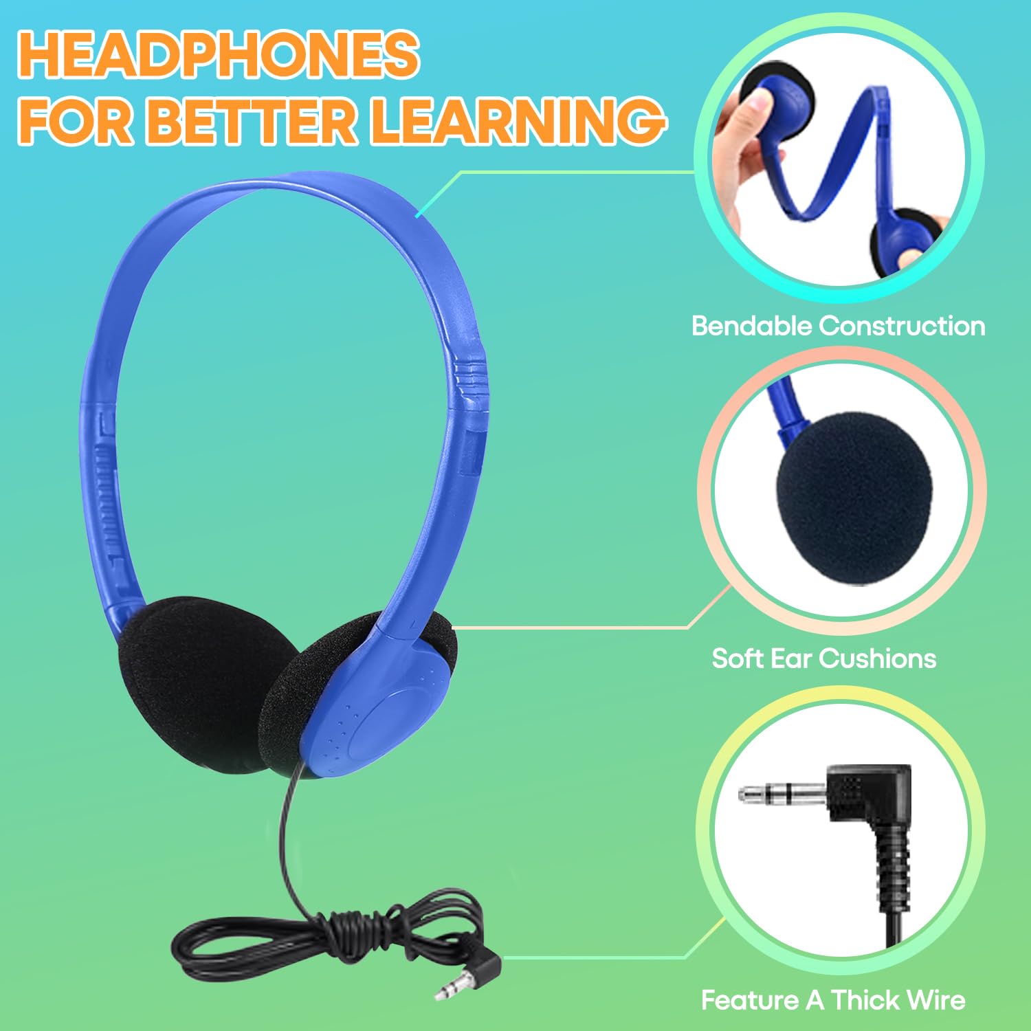 50 Pack Bulk Classroom Headphones - Durable Wired Earphones for Students, Kids, Teens & Adults - School Headset Set for Learning Centers, Libraries & Computer Labs (HY857, 50 Mixed Colors)