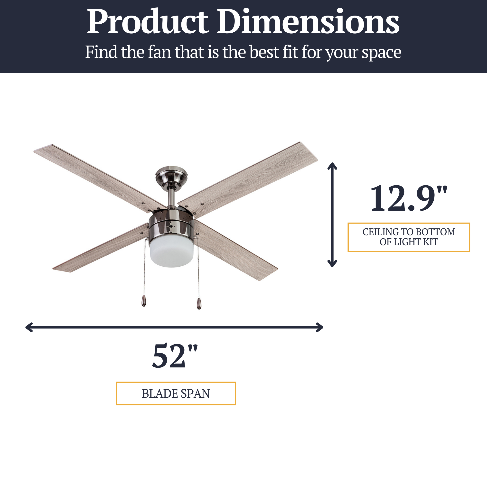 52 Inch Gun Metal Ceiling Fan with Pull Chain - Modern Industrial Style for Living Room, Bedroom, and Office Cooling