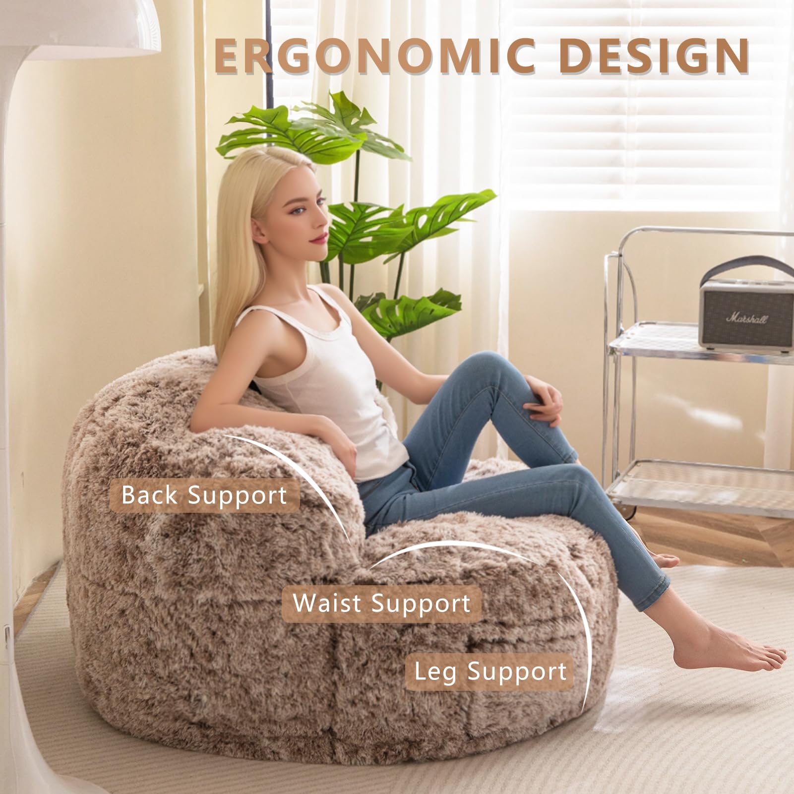 BYBYME Giant Faux Fur Bean Bag Chair - Large Bean Bag Couch with Filler for Adults, Oversized Lazy Sofa Accent Chair with Pocket - Perfect for Living Room, Bedroom, Game Room & Movie Nights