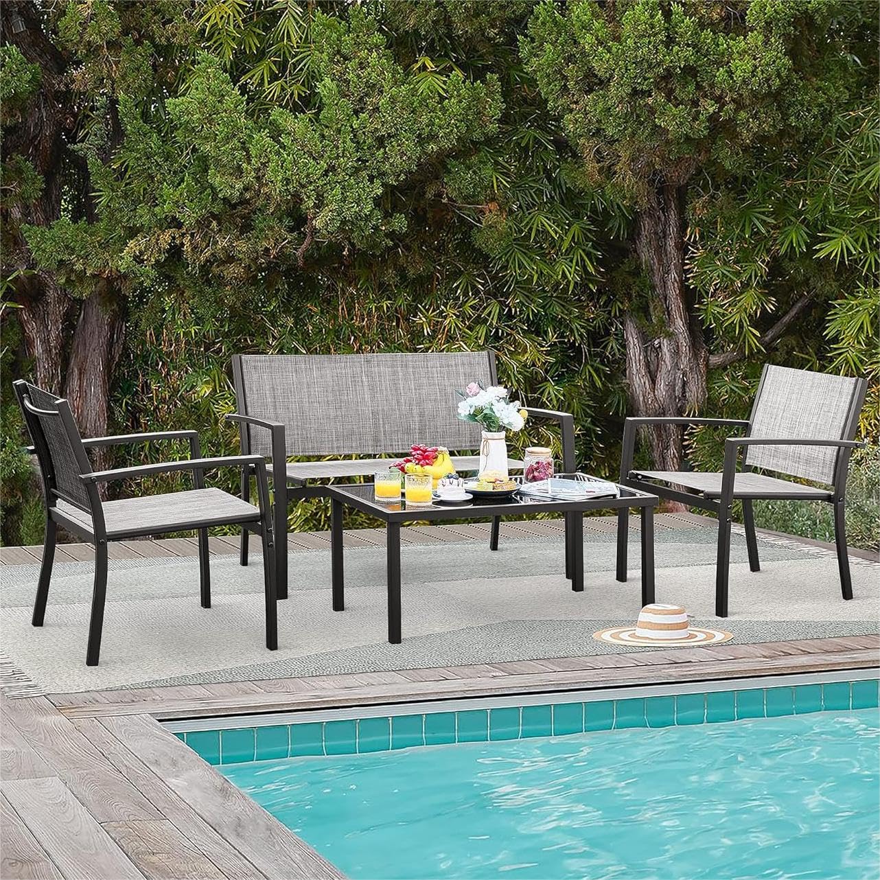 Rankok 4-Piece Modern Outdoor Patio Furniture Set - Textilene Wicker Conversation Set with Loveseat, 2 Chairs & Coffee Table - Waterproof & UV Resistant for Porch, Lawn, Poolside, Balcony or Backyard (Gray) - Perfect for Relaxing, Entertaining & Outdoor Dining