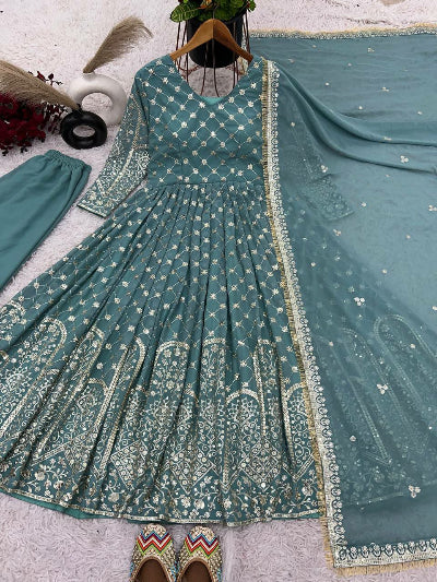 Elegant Soft Muted Green Georgette Sequins Anarkali Gown Suit Set for Women | Indian Party Wear | Perfect for Weddings, Festivals & Special Occasions