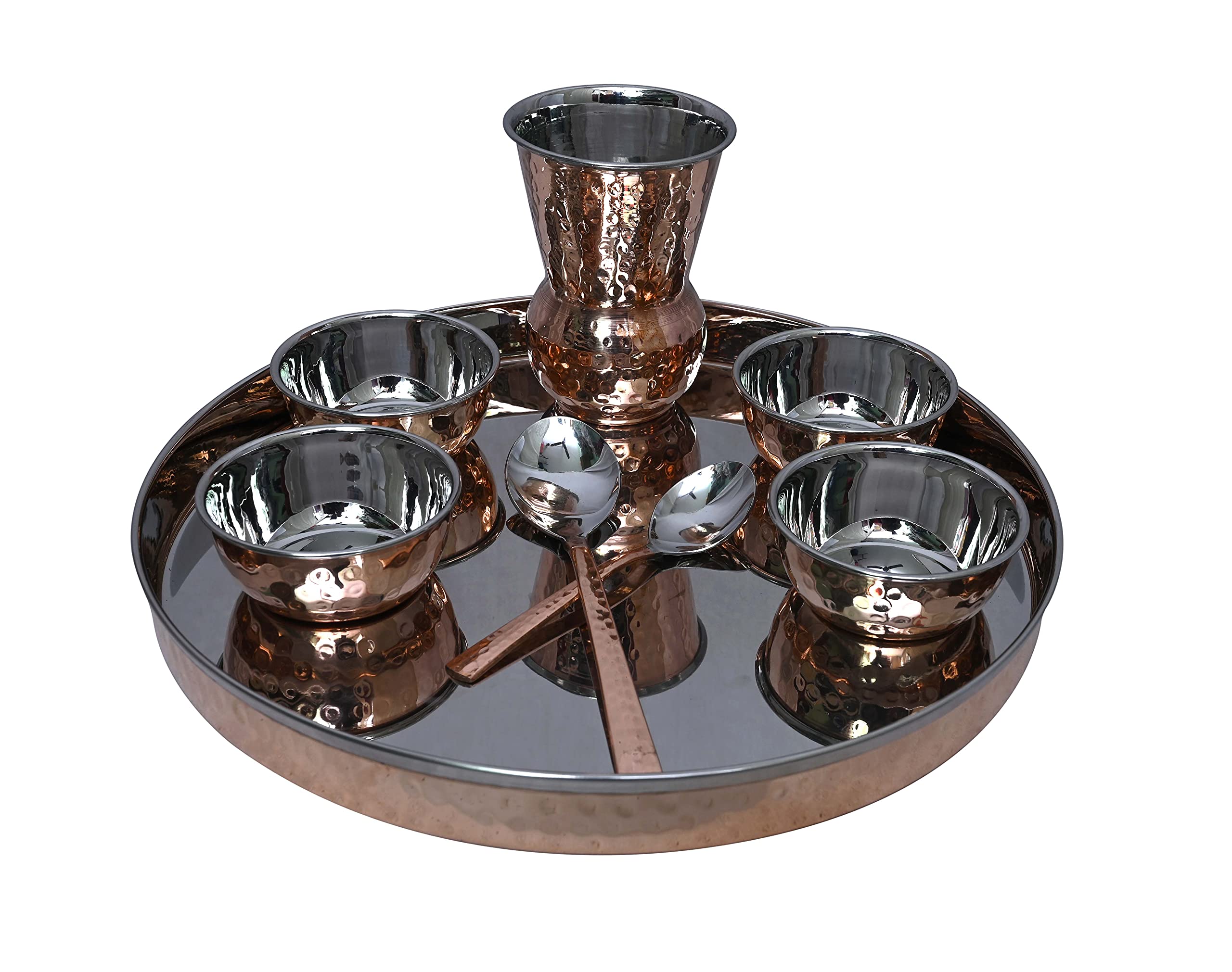 4-Piece Stainless Steel & Copper Traditional Thali Dinnerware Set - 12-Inch Plate, Bowls, Glass & Spoon | Indian Cuisine Serving Set for Home, Restaurants & Festive Occasions