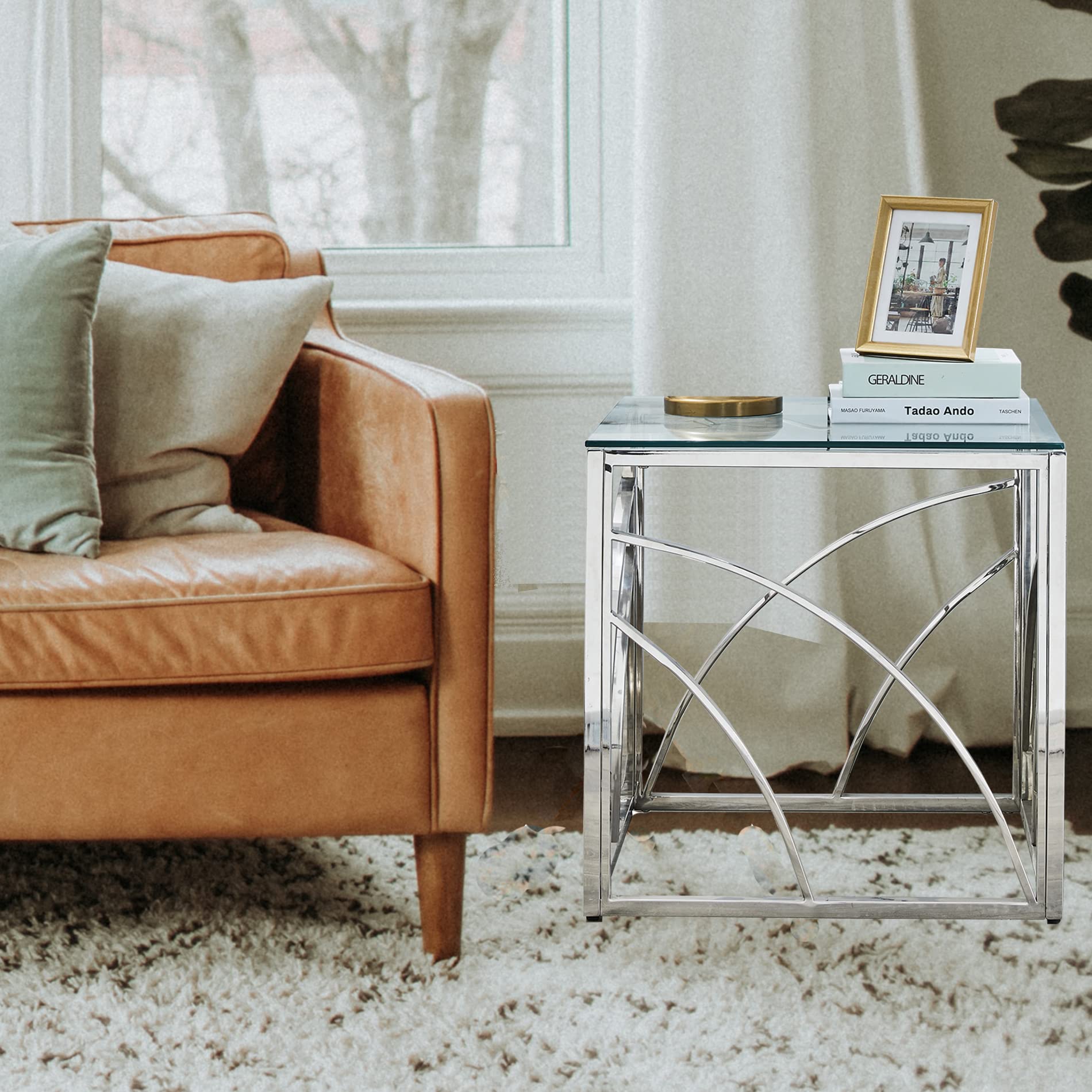 Minimalist Square Glass End Table - Silver Modern 21.45