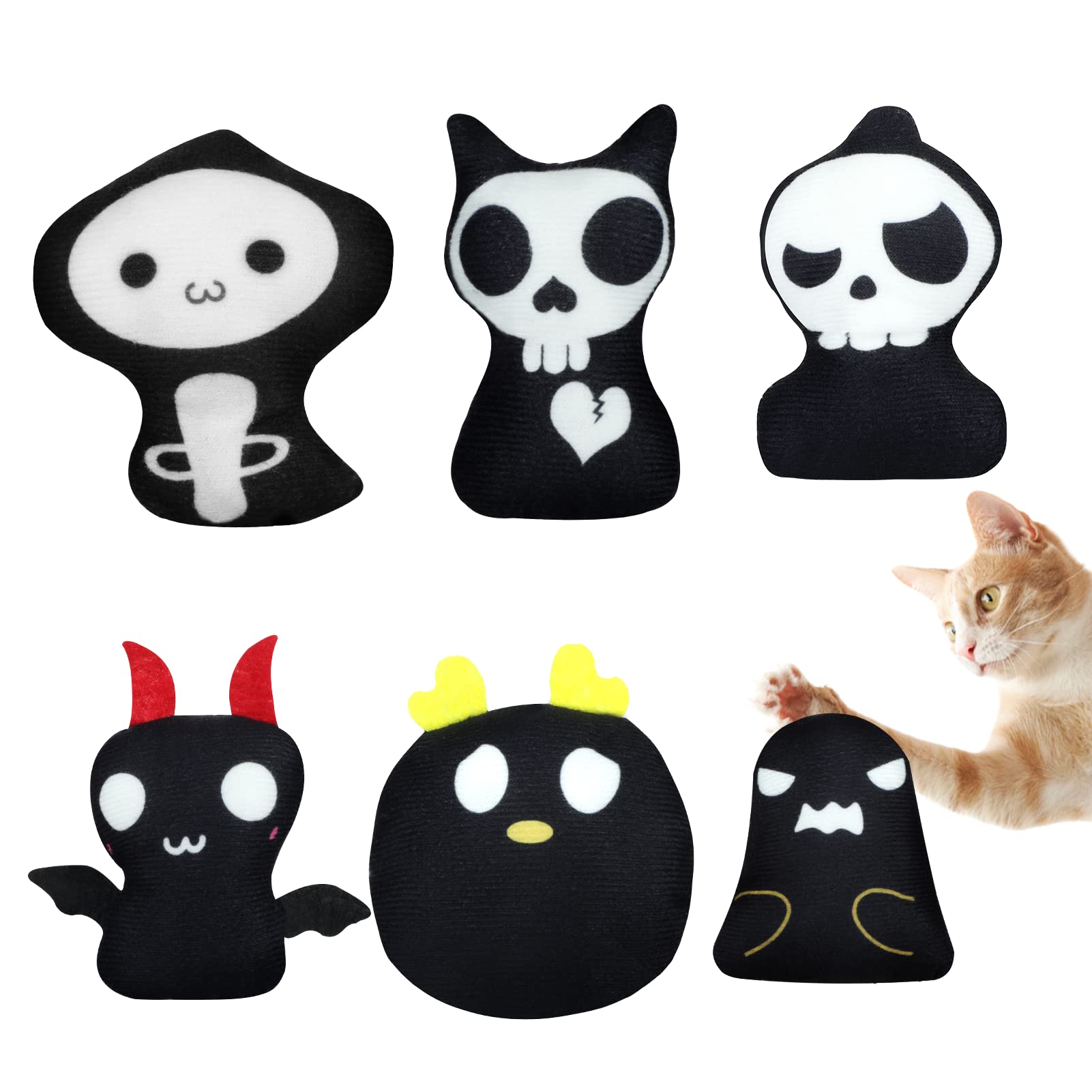 Horrible Halloween Ghost Catnip Toys for Cats - Set of 6 Bite-Resistant, 2-Sided Catnip Filled Chew Toys - Perfect Teething Toys for Kittens & Fun Playtime Gift for Cats - Great for Halloween Parties & Interactive Play