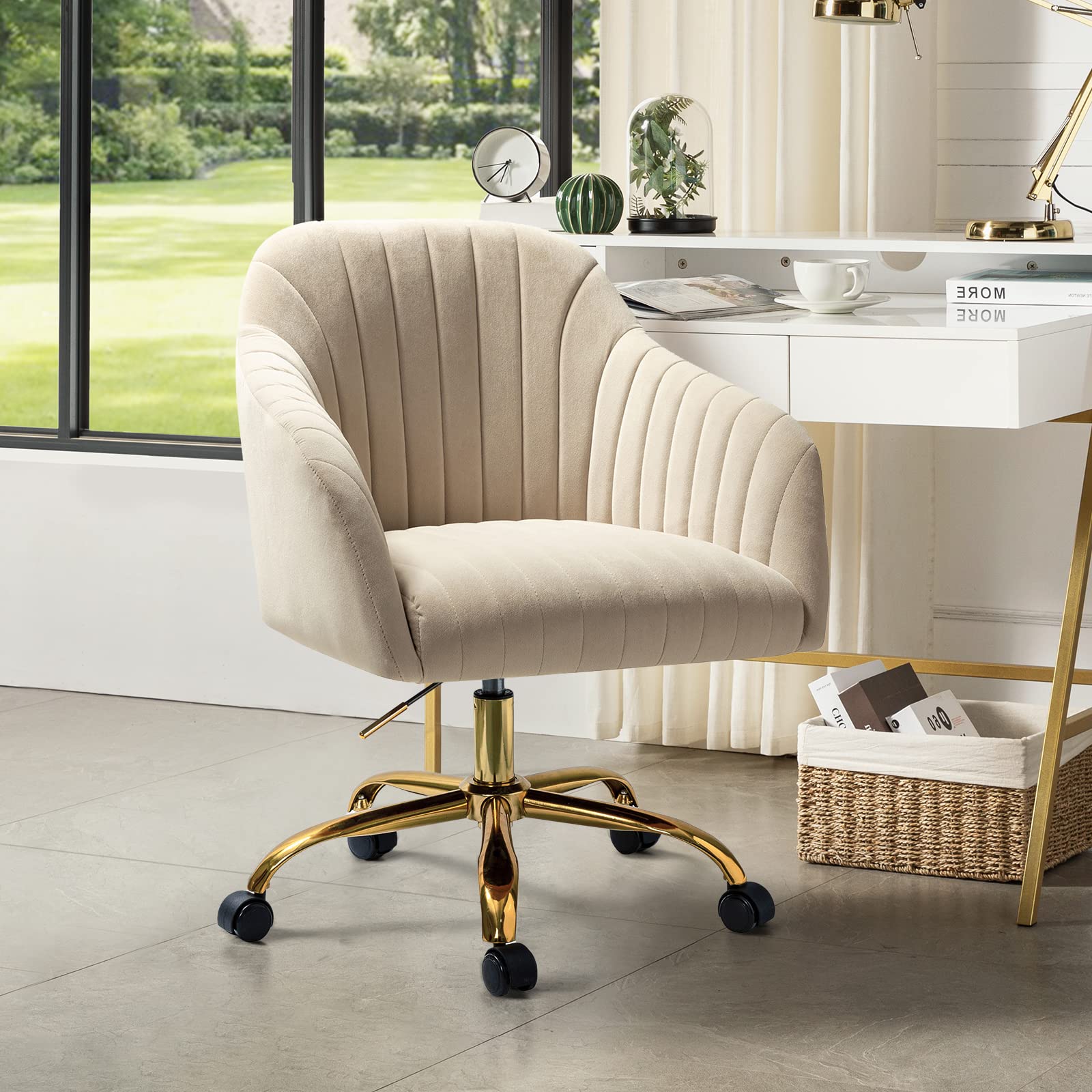 HULALA HOME Velvet Home Office Desk Chair - Modern Cute Computer Task Chair with Wheels, Swivel & Height Adjustable - Upholstered Vanity Chair for Women & Girls (Gold Base, Tan) - Perfect for Home Office, Gaming Setup, Study Room & Makeup Vanity