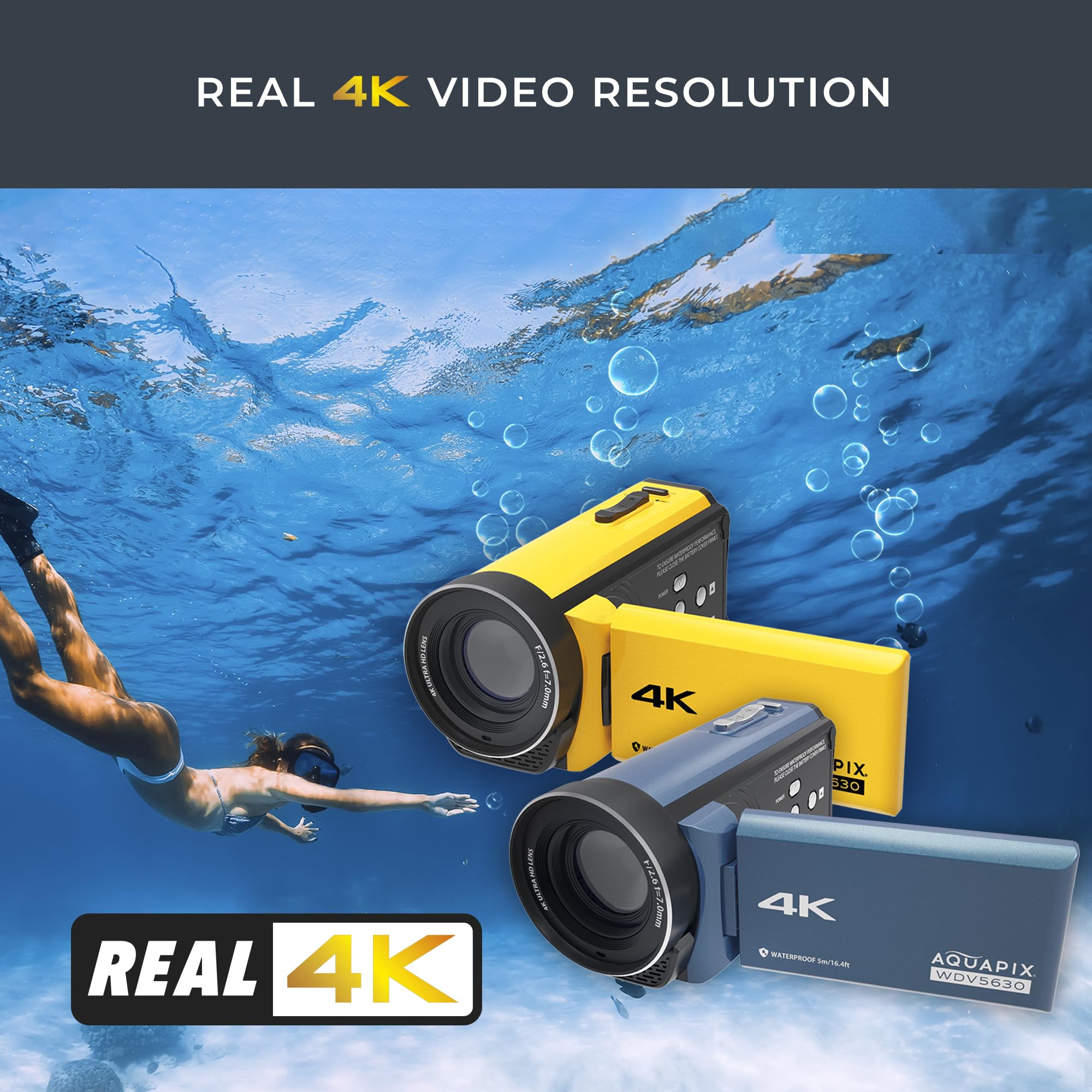 Easypix WDV5630 Yellow Waterproof Digital Camcorder - 4K UHD Video, 56MP Photos, 18x Zoom, 13MP Sensor, 5m Water Resistant - Perfect for Snorkeling, Beach Vacations & Underwater Adventures