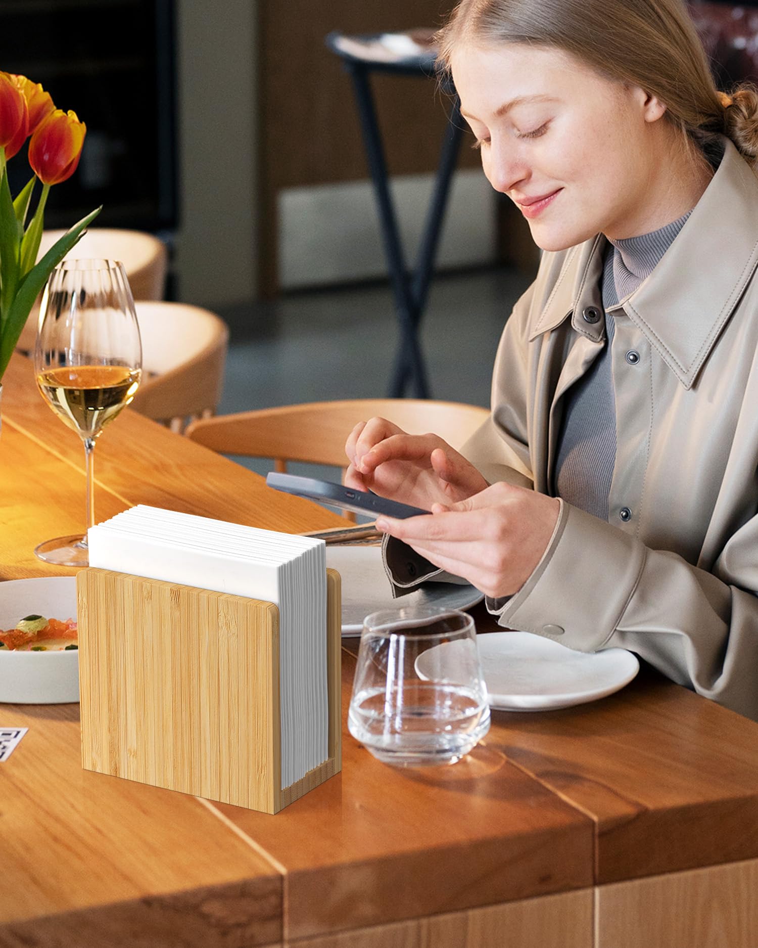 Premium Bamboo Napkin Holder - Wooden Tabletop Tissue Dispenser for Kitchen, Dining Room, Party & Outdoor Use - Holds 5.5x5.5