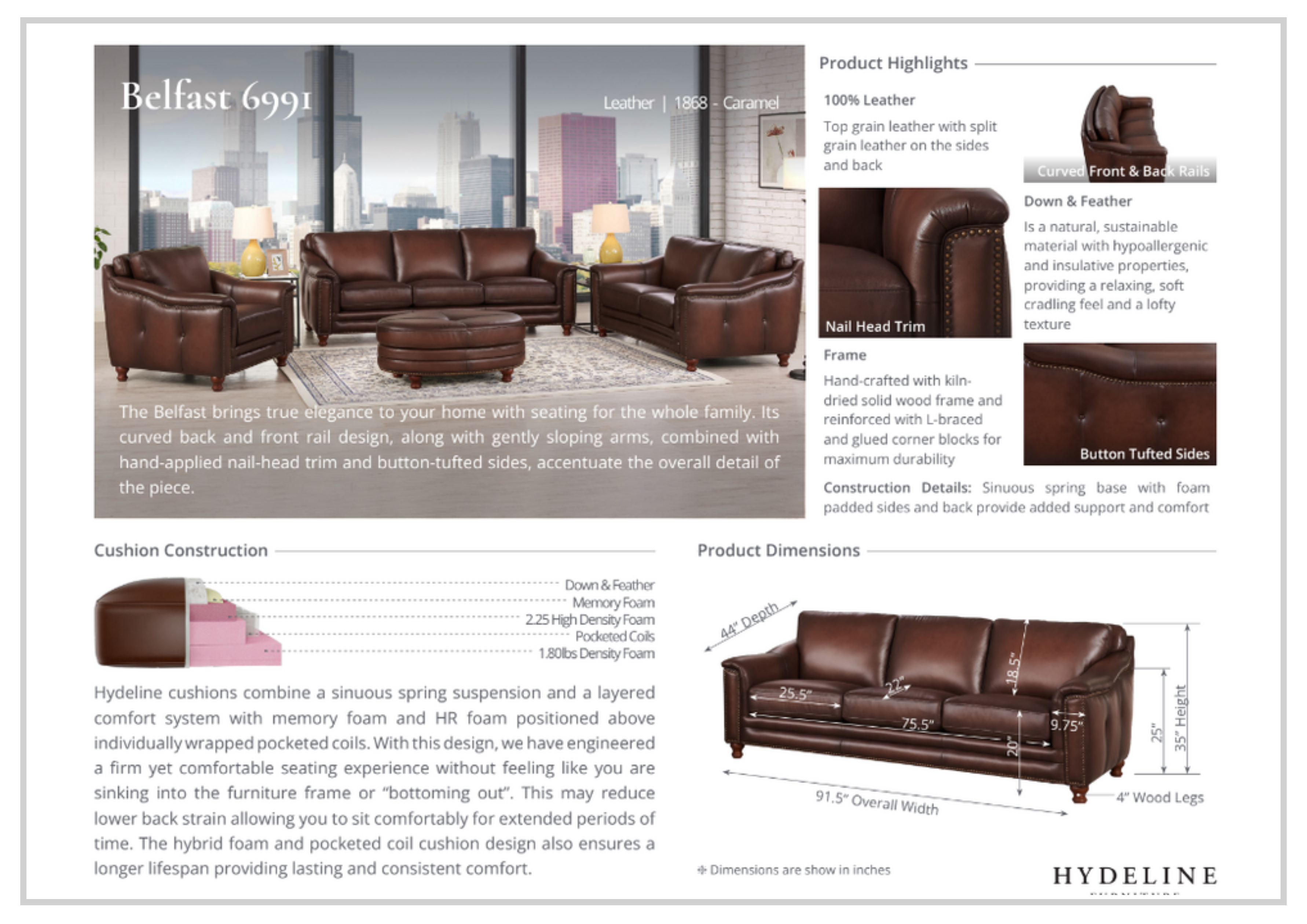 Premium Hydeline Belfast Brown Leather Chair with Nailhead Trim - Luxurious Office & Living Room Seating for Home & Workspace