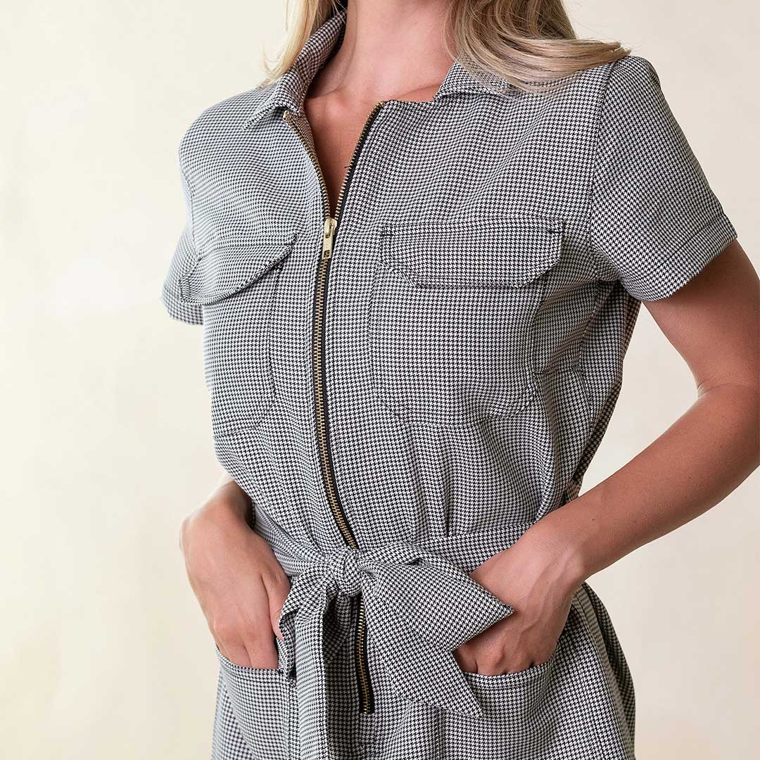 Stylish Houndstooth Print City Jumpsuit for Women - Trendy One-Piece Romper with Pockets | Perfect for Office Wear, Casual Outings & Night Events