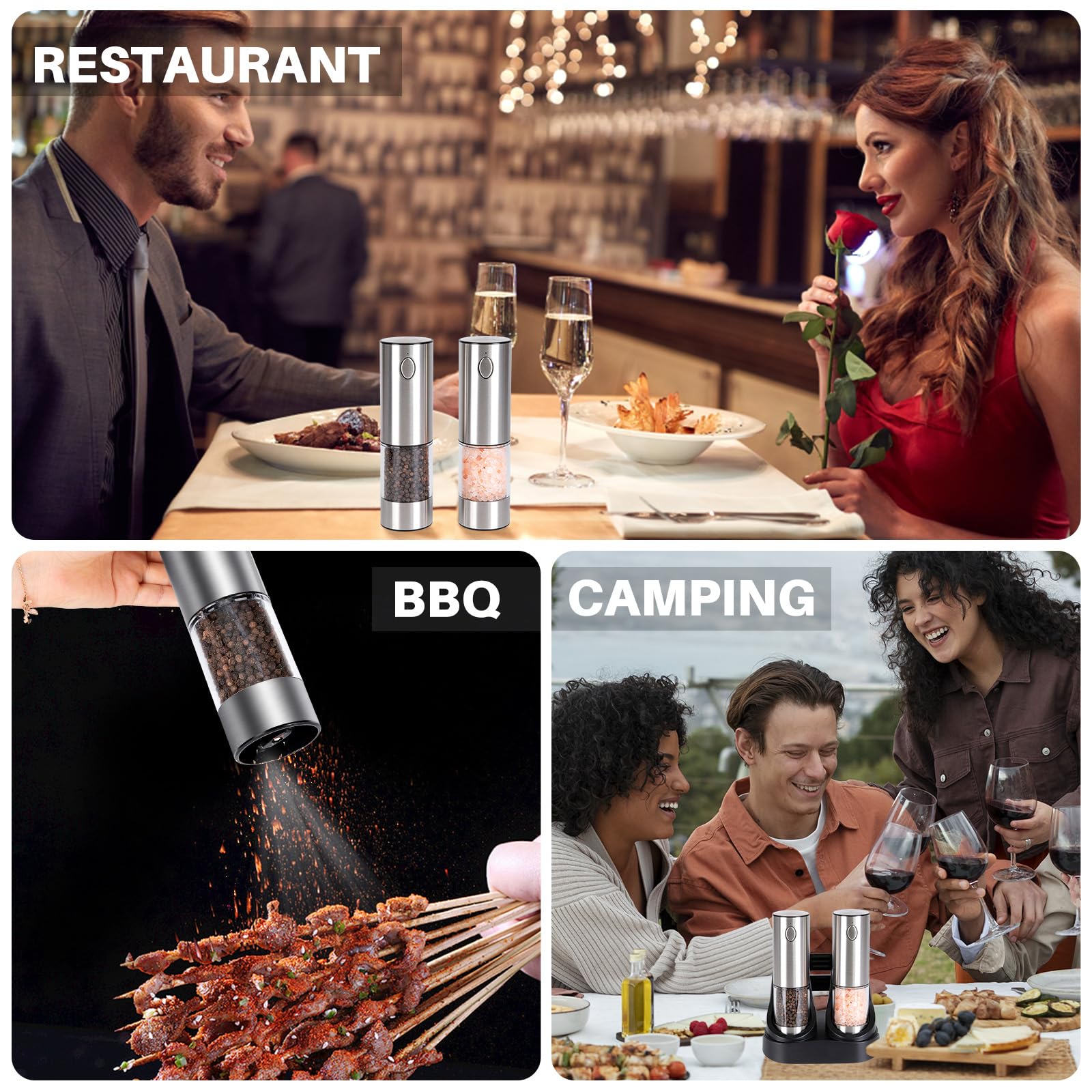 Premium Electric Salt and Pepper Grinder Set - Rechargeable Automatic Spice Mill with LED Light & Adjustable Coarseness | Stainless Steel One-Hand Operated Refillable Seasoning Tool for Kitchen, Dining Table & Outdoor BBQ