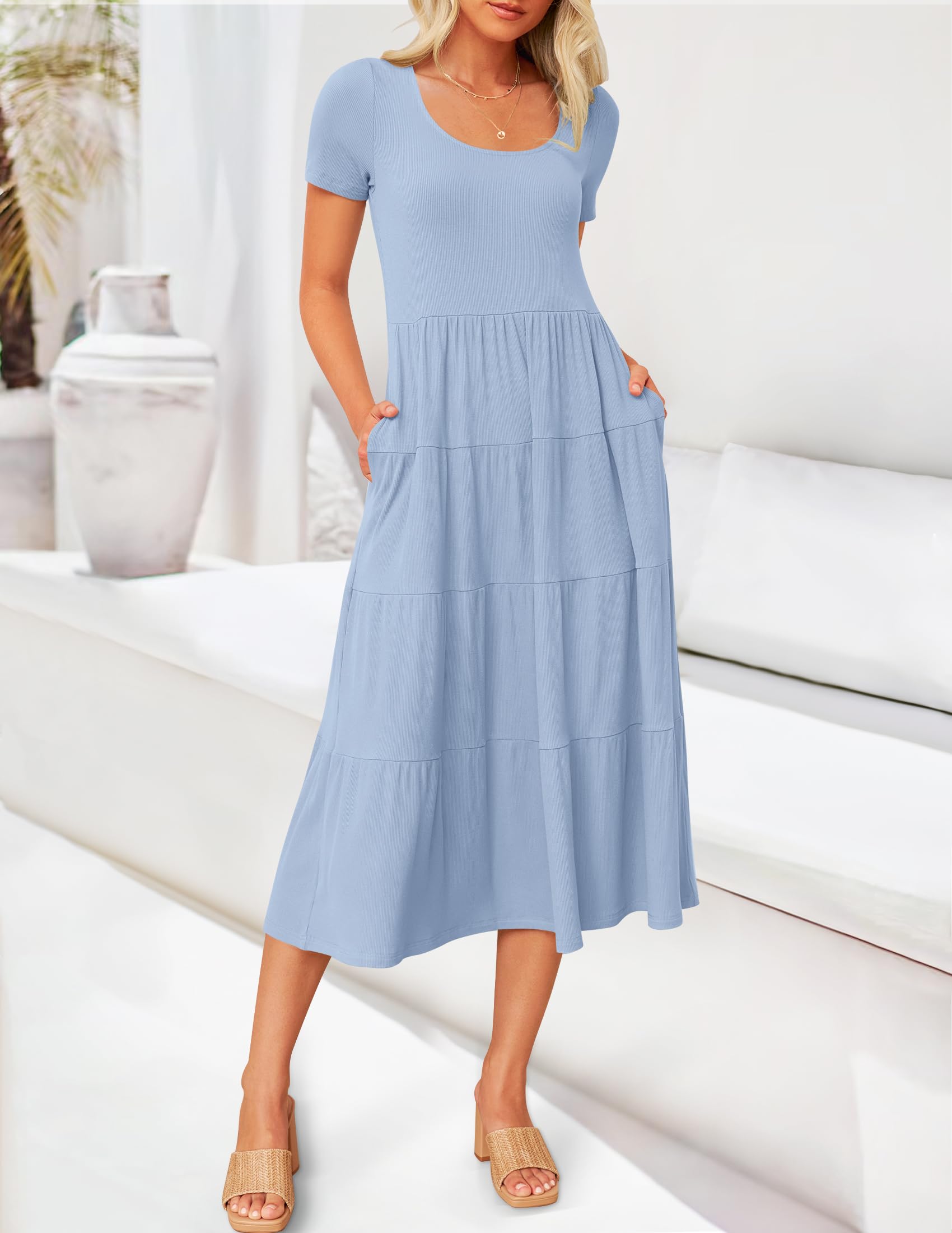 ZESICA Women's Summer Casual T-Shirt Dress - Short Sleeve Scoop Neck Flowy Tiered Midi Dress with Pockets | Beach Cover Up, Vacation Outfit, Lounge Wear, Street Style Fashion