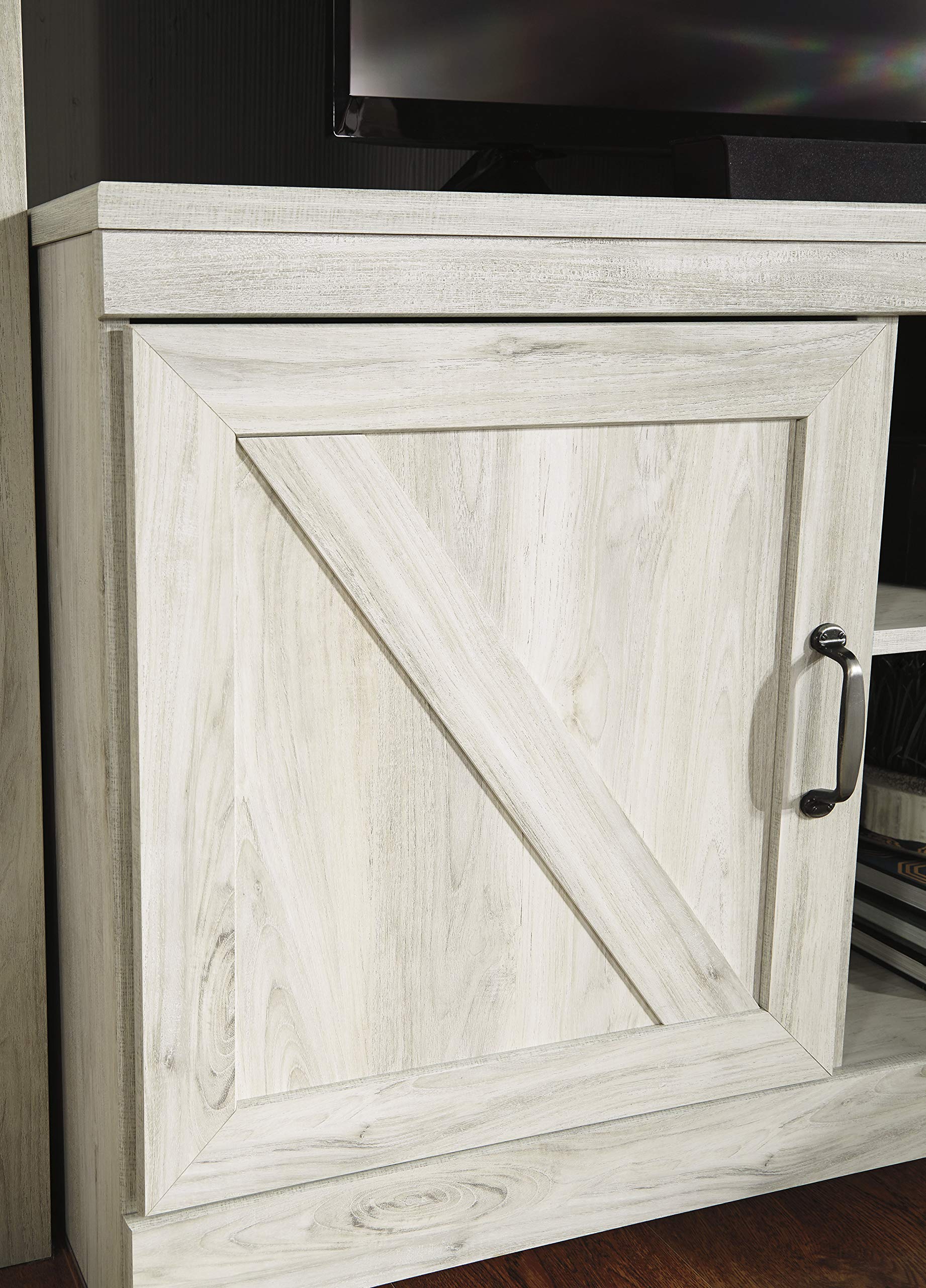 Ashley Bellaby Farmhouse TV Stand with Fireplace - Rustic Whitewash Finish for TVs up to 60
