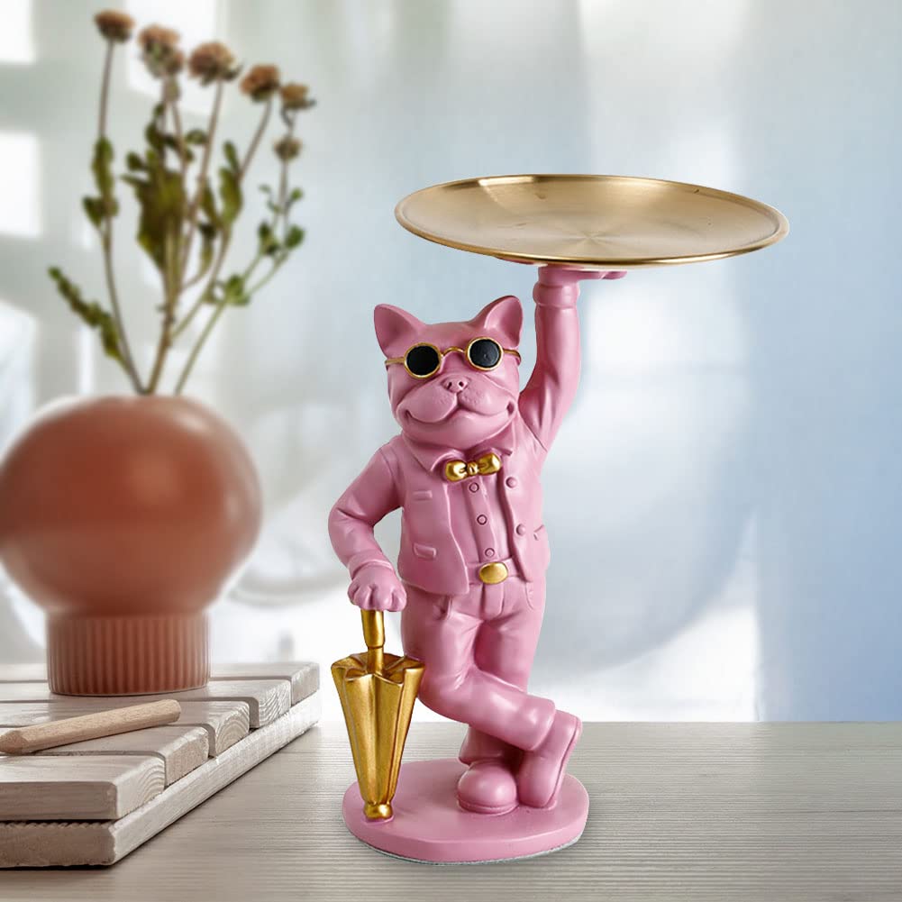 YAYONG Bulldog Sculpture Statue - Modern Nordic Resin Dog Figurine with Storage Tray, Key Holder & Candy Dish - Versatile Home Decor for Desktop, Entryway, or Living Room Organization