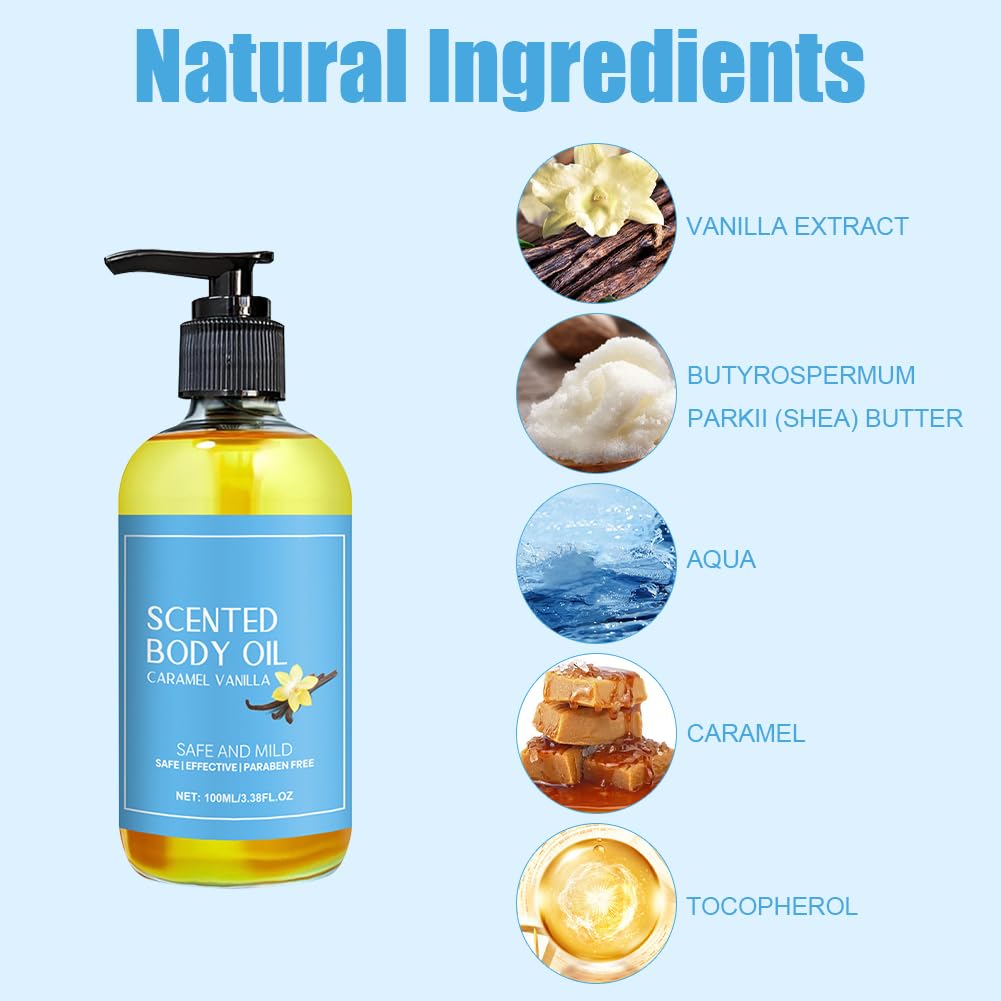 Caramel Vanilla Body Oil - 2 Pack Moisturizing Massage Oil for Women & Men | Smoothing & Hydrating Skin Care | 3.52 Fl oz | Perfect for Couples Massage & Spa Night