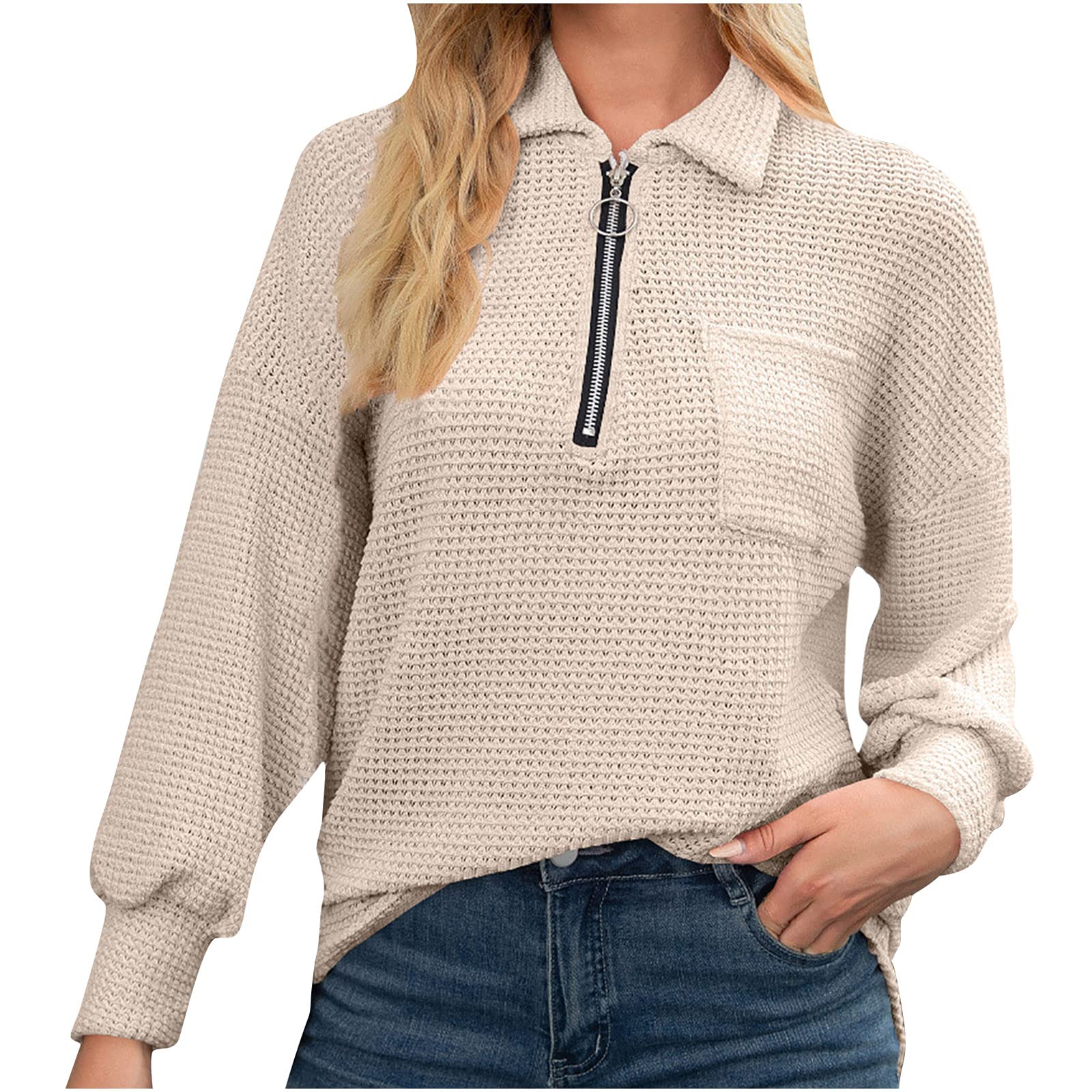 Women's Casual Zipper Lapel Waffle Pullover Sweater - Fall Long Sleeve Loose Sweatshirt with Pockets | Cozy Solid Color Tops for Autumn Outfits & Layering